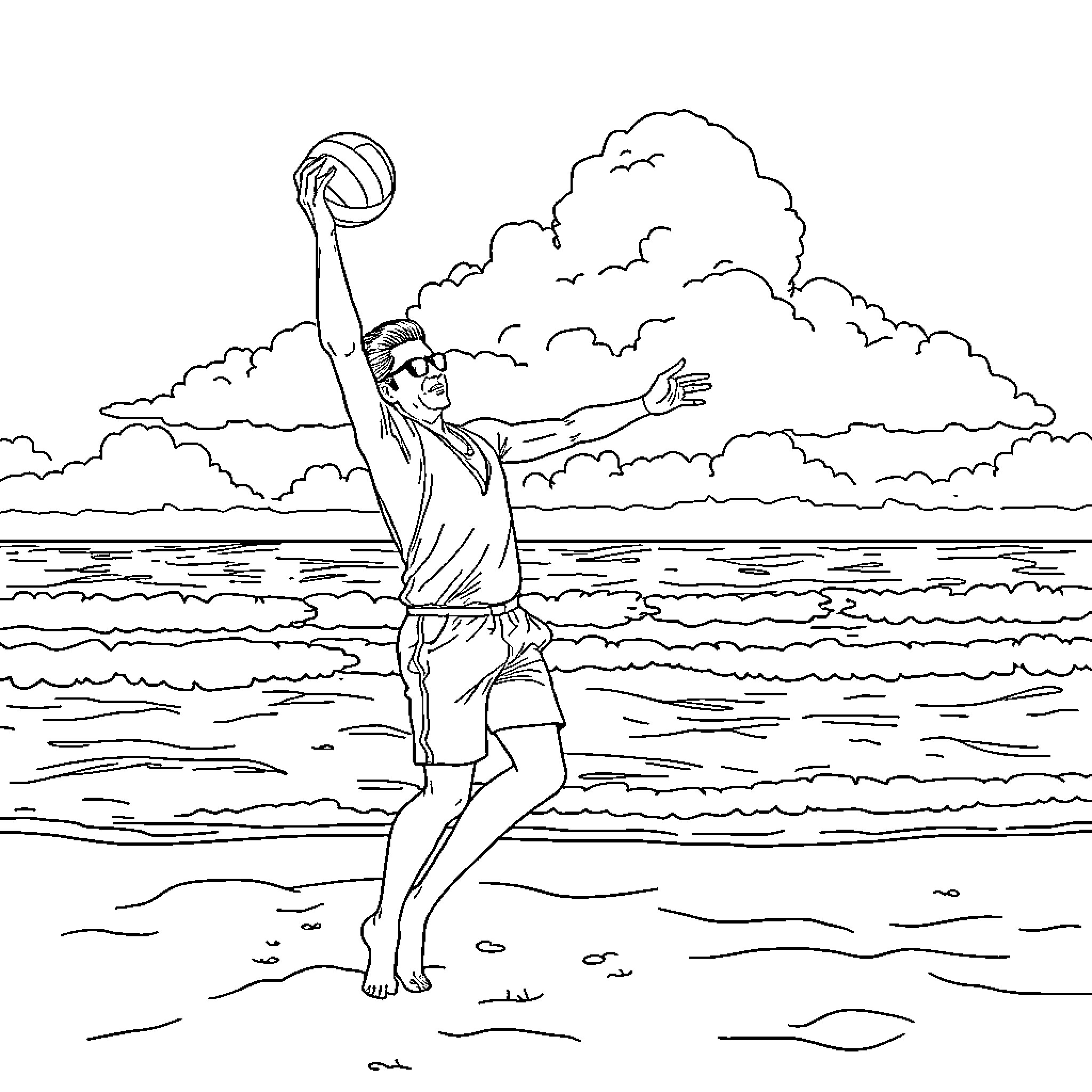 SRK enjoying beach volleyball at the shore Coloring Page (free black-and-white line drawing printable PDF for all, from beginners to advanced learners, including children, teens, adults, and seniors)