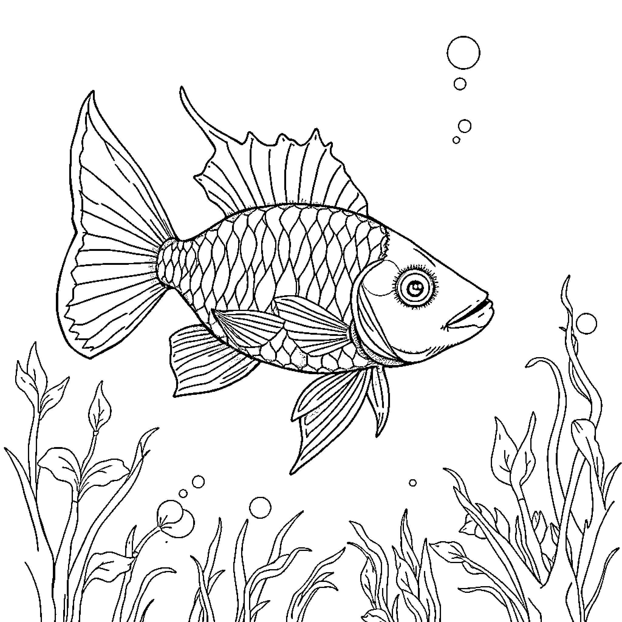 Fish swimming gracefully among underwater plants Coloring Page (free black-and-white line drawing printable PDF for all, from beginners to advanced learners, including children, teens, adults, and seniors)