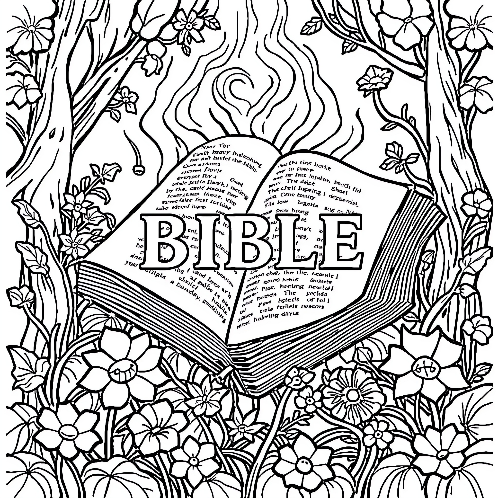 Bible surrounded by floral elements Coloring Page (free black-and-white line drawing printable PDF for all, from beginners to advanced learners, including children, teens, adults, and seniors)