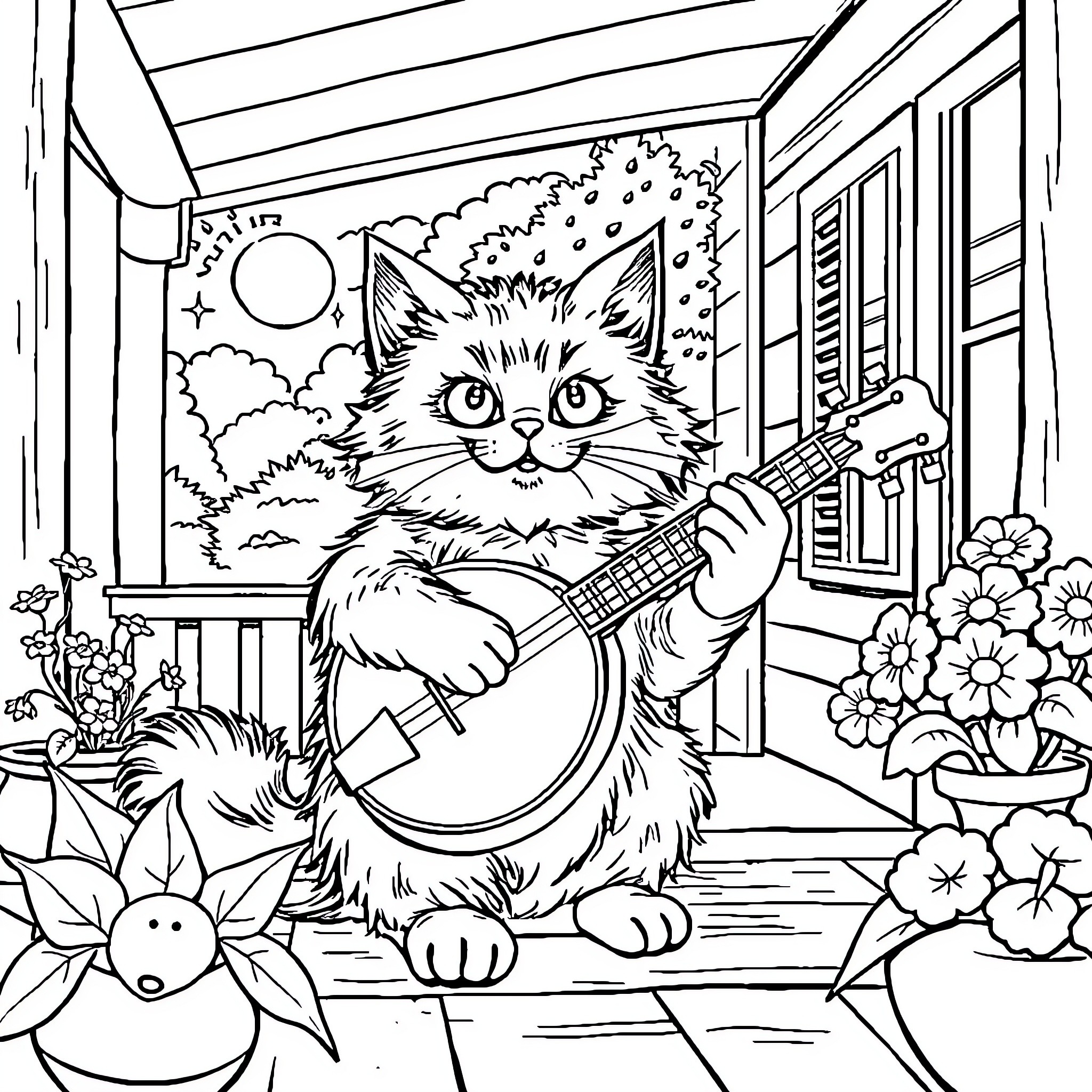 Cat playing guitar on porch Coloring Page (free black-and-white line drawing printable PDF for all, from beginners to advanced learners, including children, teens, adults, and seniors)