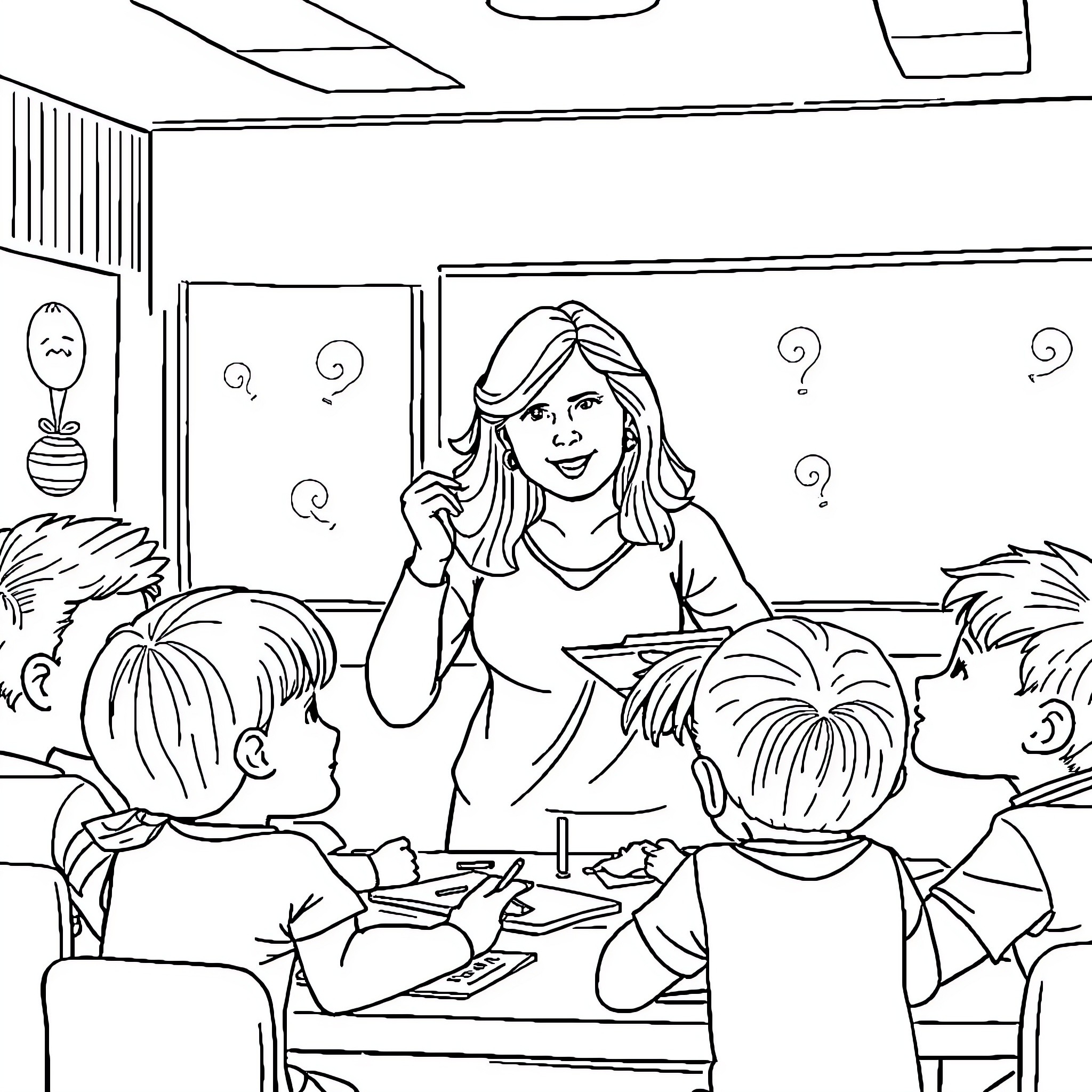 Teacher guiding and interacting with students in classroom Coloring Page (free black-and-white line drawing printable PDF for all, from beginners to advanced learners, including children, teens, adults, and seniors)