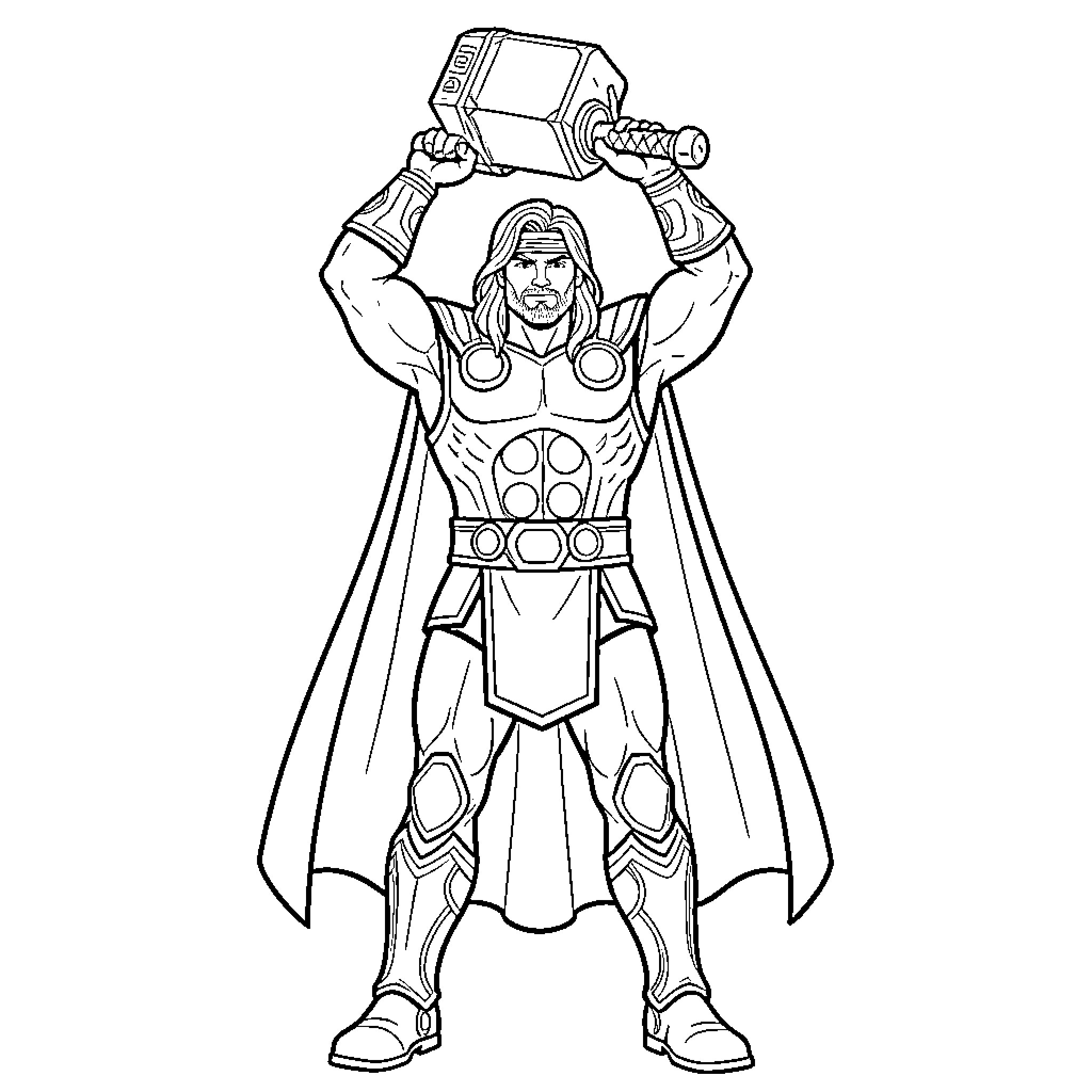 Thor Wielding Mighty Hammer with Powerful Stance Coloring Page (free black-and-white line drawing printable PDF for all, from beginners to advanced learners, including children, teens, adults, and seniors)