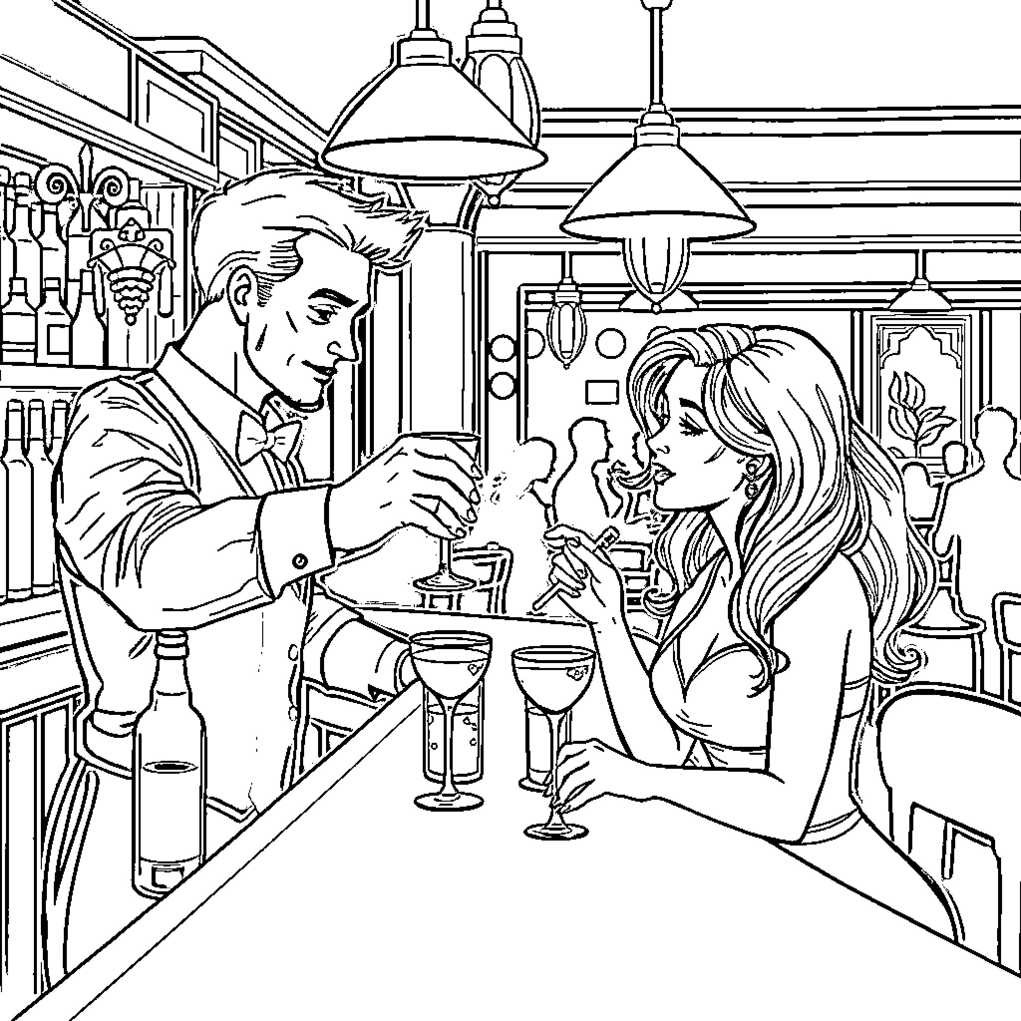 Barman serving drinks to elegant couple at the bar Coloring Page (free black-and-white line drawing printable PDF for all, from beginners to advanced learners, including children, teens, adults, and seniors)