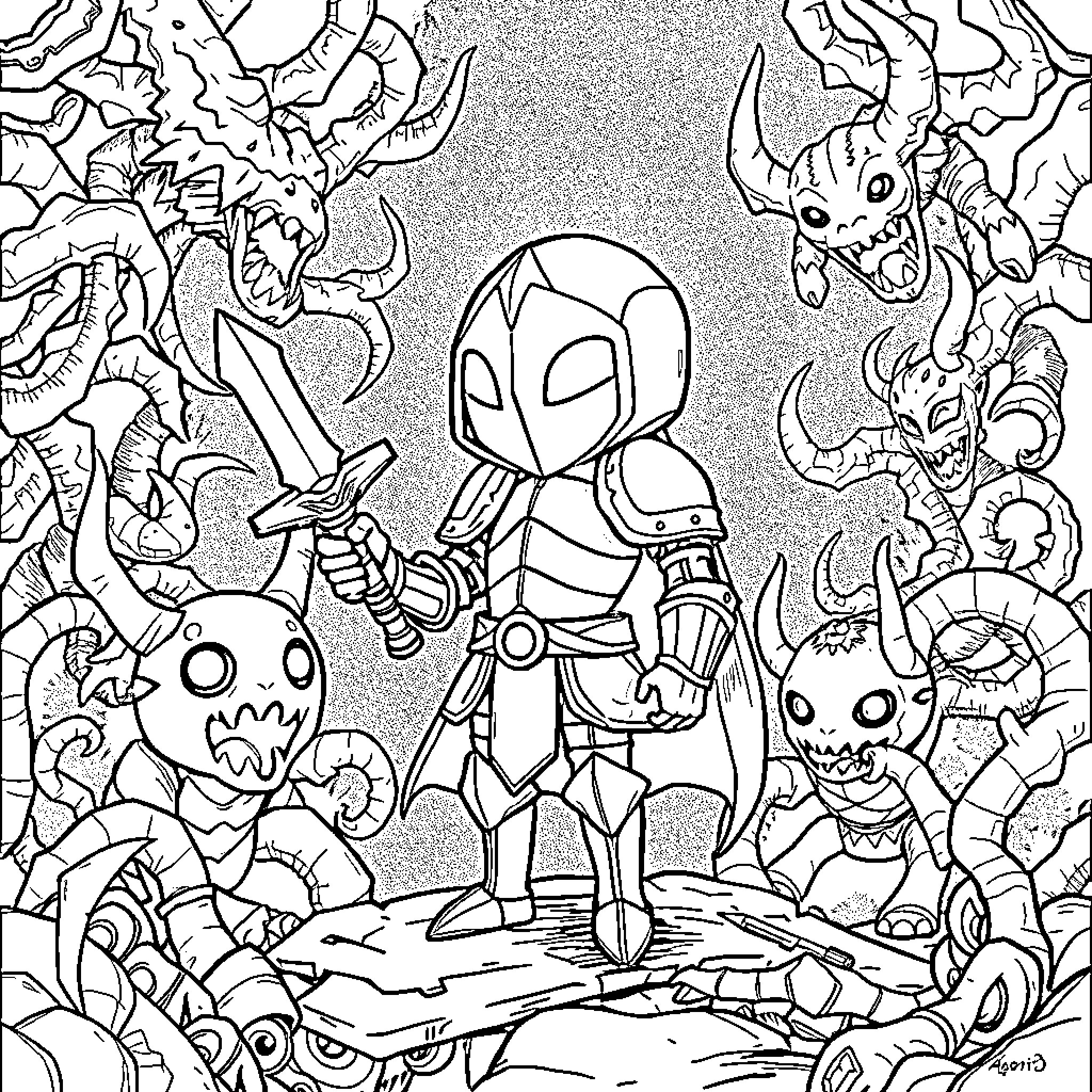 Hollow Knight surrounded by quirky creatures Coloring Page (free black-and-white line drawing printable PDF for all, from beginners to advanced learners, including children, teens, adults, and seniors)