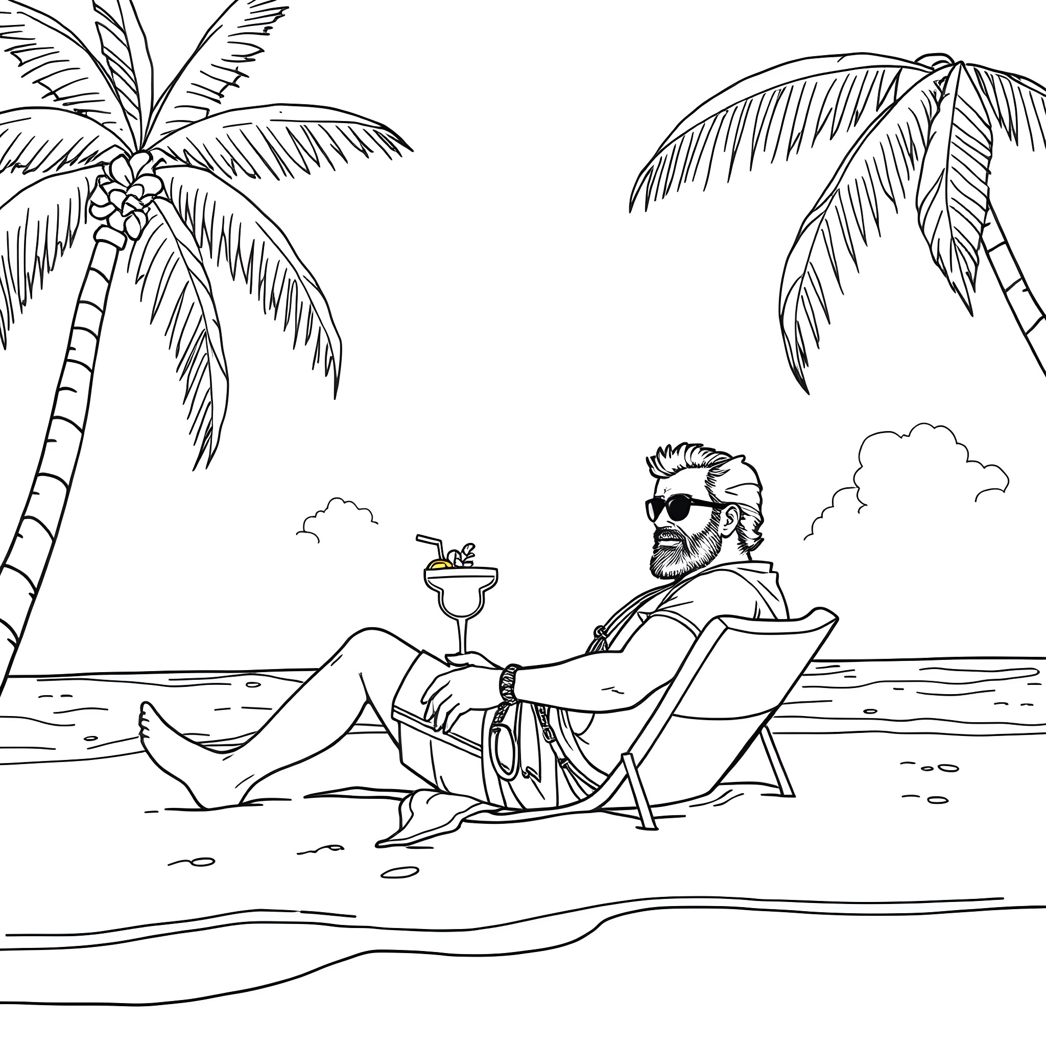 Arthur Morgan relaxing on the beach with a drink Coloring Page (free black-and-white line drawing printable PDF for all, from beginners to advanced learners, including children, teens, adults, and seniors)