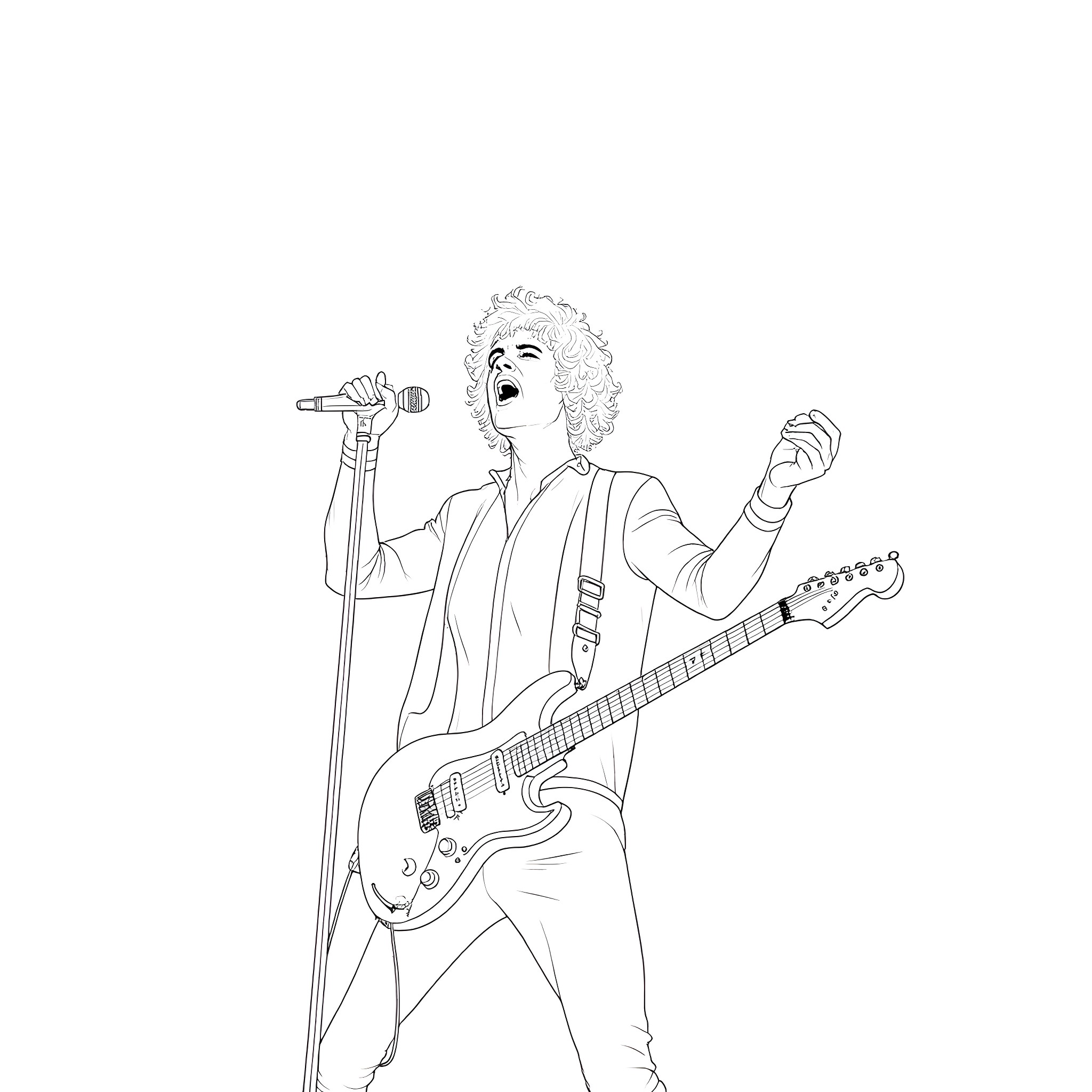 Gary Numan performing on stage with guitar Coloring Page (free black-and-white line drawing printable PDF for all, from beginners to advanced learners, including children, teens, adults, and seniors)