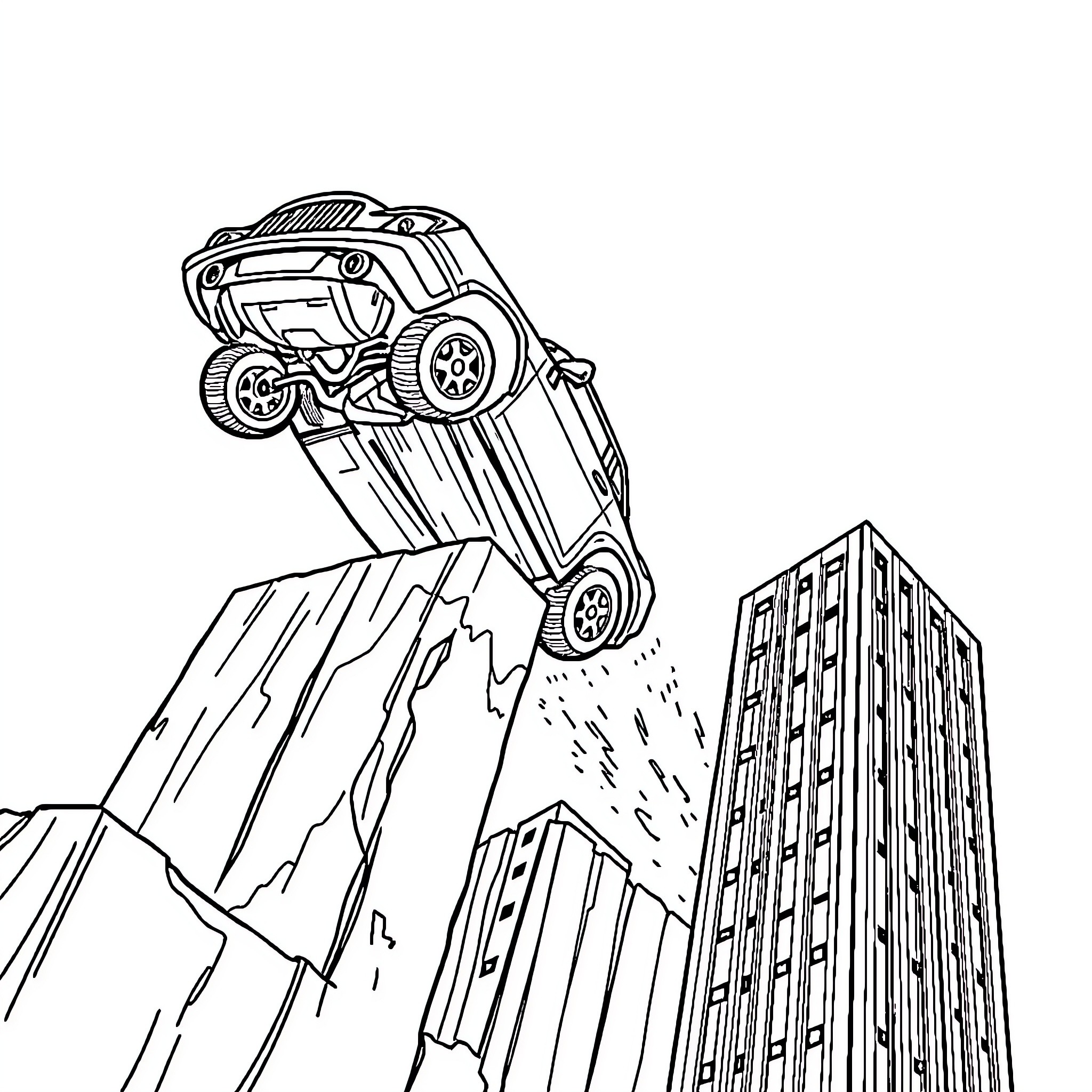 Flying Car soaring over skyscrapers Coloring Page (free black-and-white line drawing printable PDF for all, from beginners to advanced learners, including children, teens, adults, and seniors)