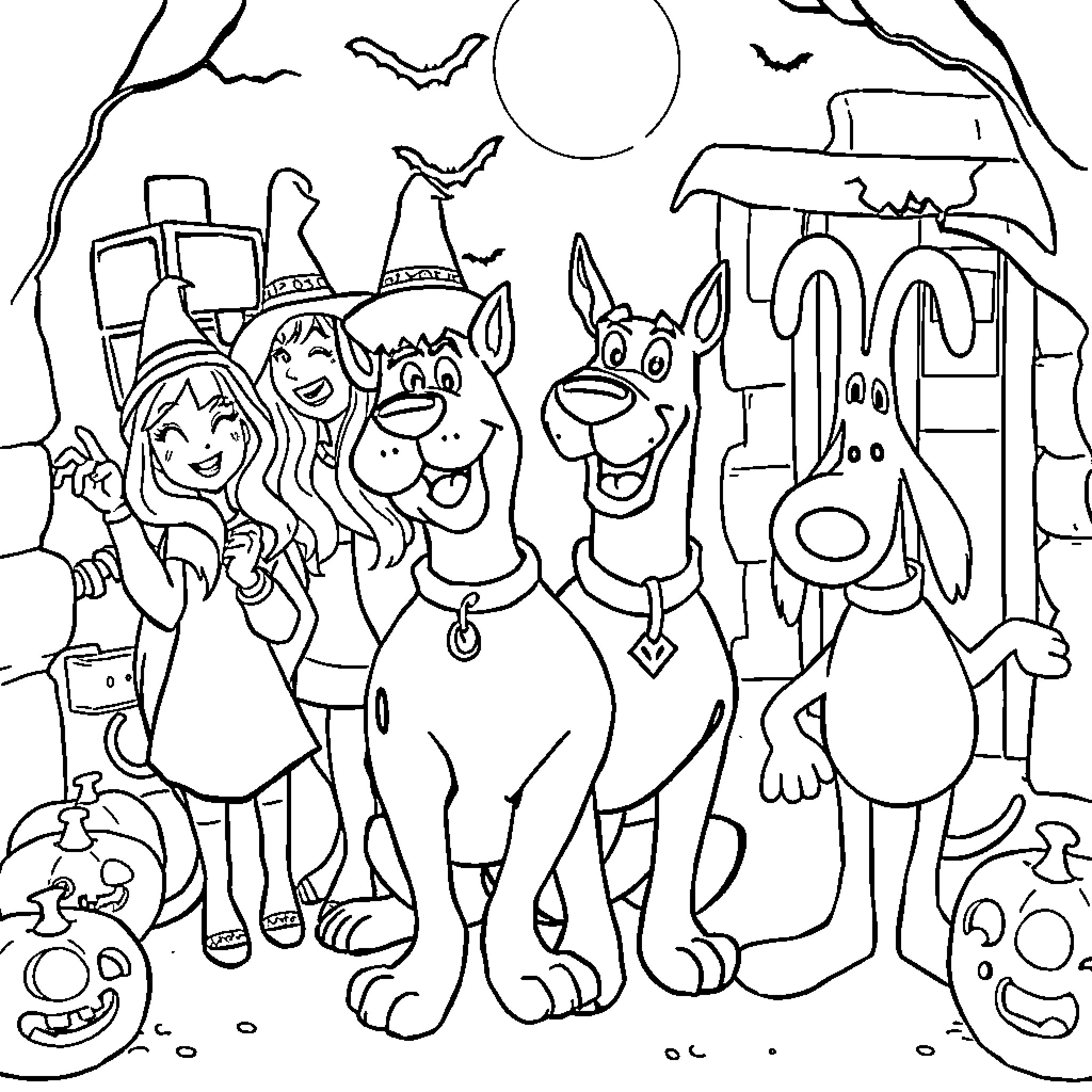 Scooby Doo and friends exploring a spooky night scene Coloring Page (free black-and-white line drawing printable PDF for all, from beginners to advanced learners, including children, teens, adults, and seniors)