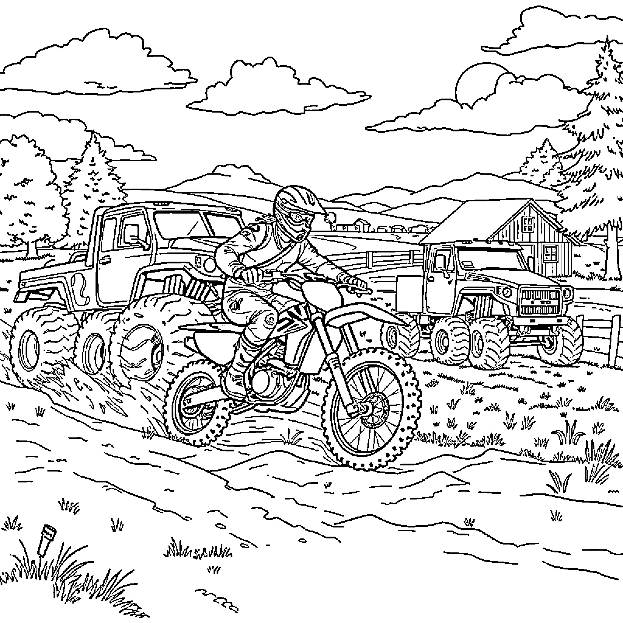 Dirt Biker navigating through rugged terrain Coloring Page (free black-and-white line drawing printable PDF for all, from beginners to advanced learners, including children, teens, adults, and seniors)