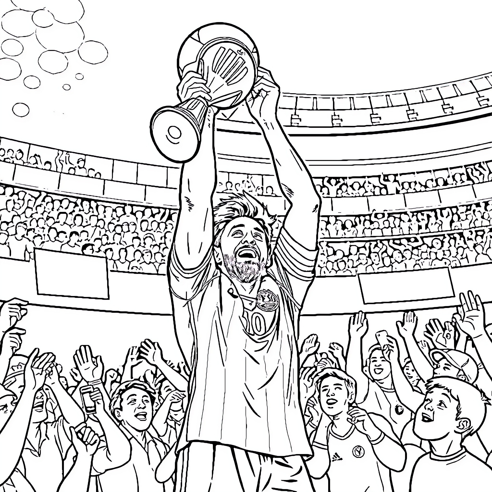 Messi Celebrating Victory with Fans in Stadium Coloring Page (free black-and-white line drawing printable PDF for all, from beginners to advanced learners, including children, teens, adults, and seniors)