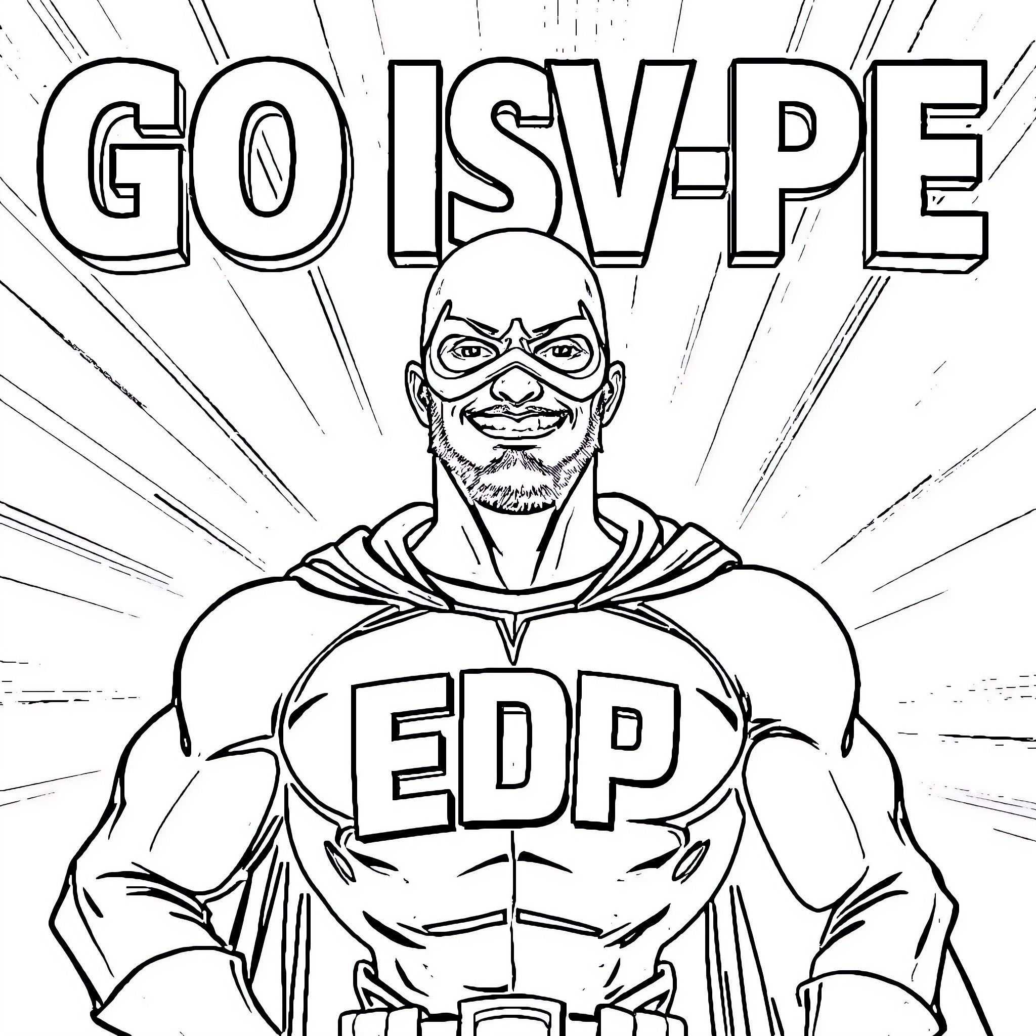 Superhero Boldly Proclaiming 'Go ISV-PE' Coloring Page (free black-and-white line drawing printable PDF for all, from beginners to advanced learners, including children, teens, adults, and seniors)