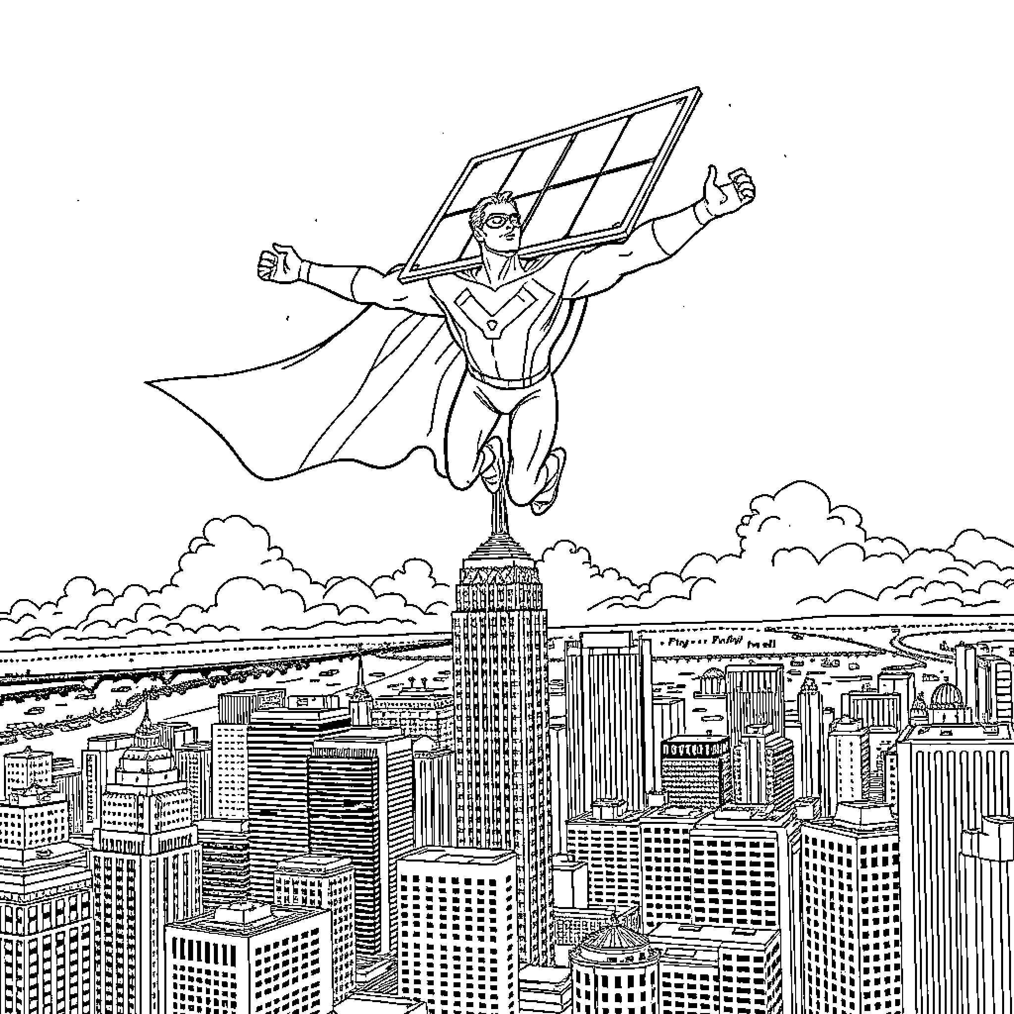 Superhero soaring over a city skyline Coloring Page (free black-and-white line drawing printable PDF for all, from beginners to advanced learners, including children, teens, adults, and seniors)