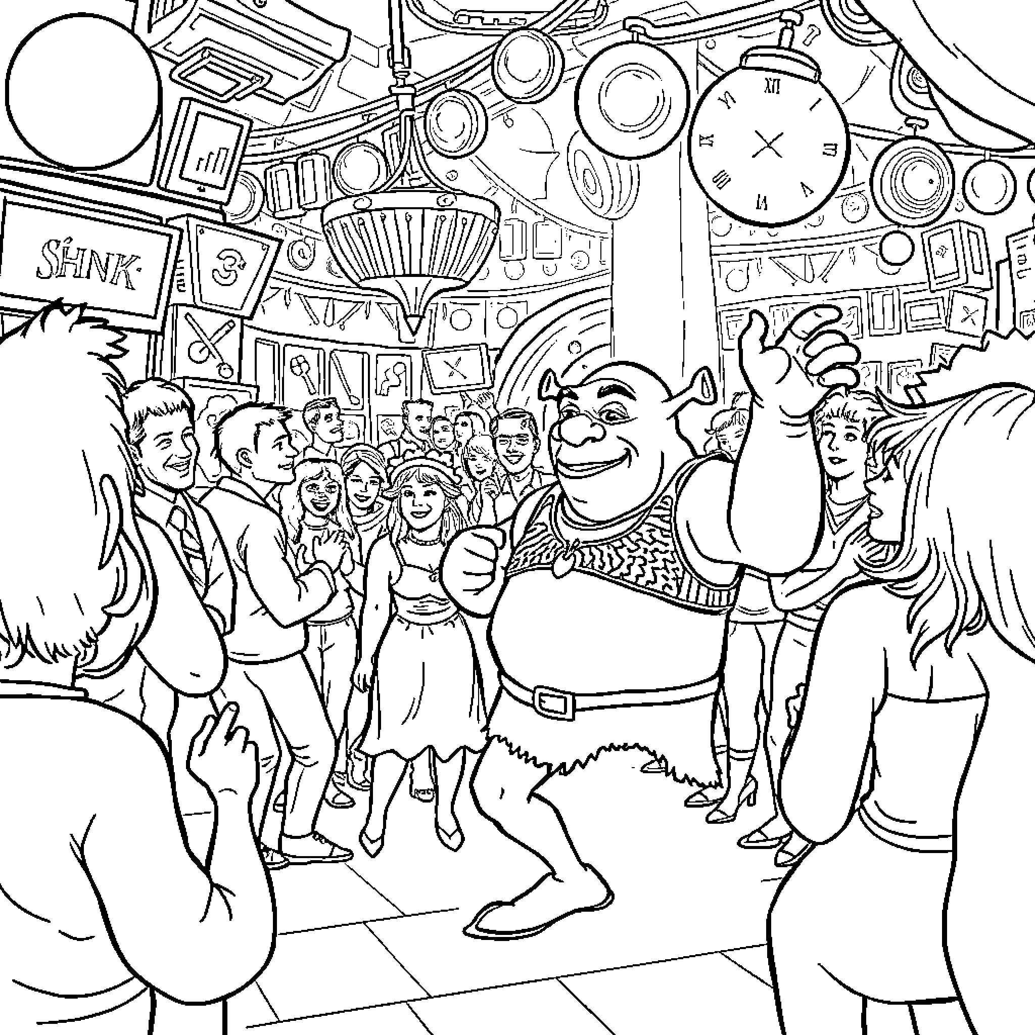 Shrek dancing joyfully among a crowd of people Coloring Page (free black-and-white line drawing printable PDF for all, from beginners to advanced learners, including children, teens, adults, and seniors)