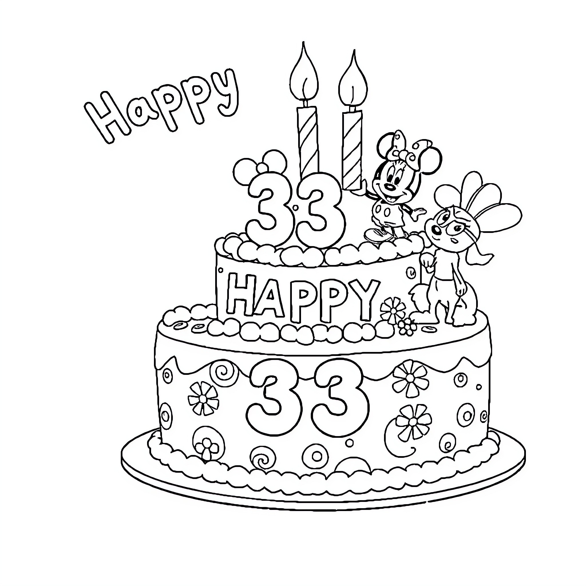 Birthday Cake with Happy 33 Celebration Coloring Page (free black-and-white line drawing printable PDF for all, from beginners to advanced learners, including children, teens, adults, and seniors)