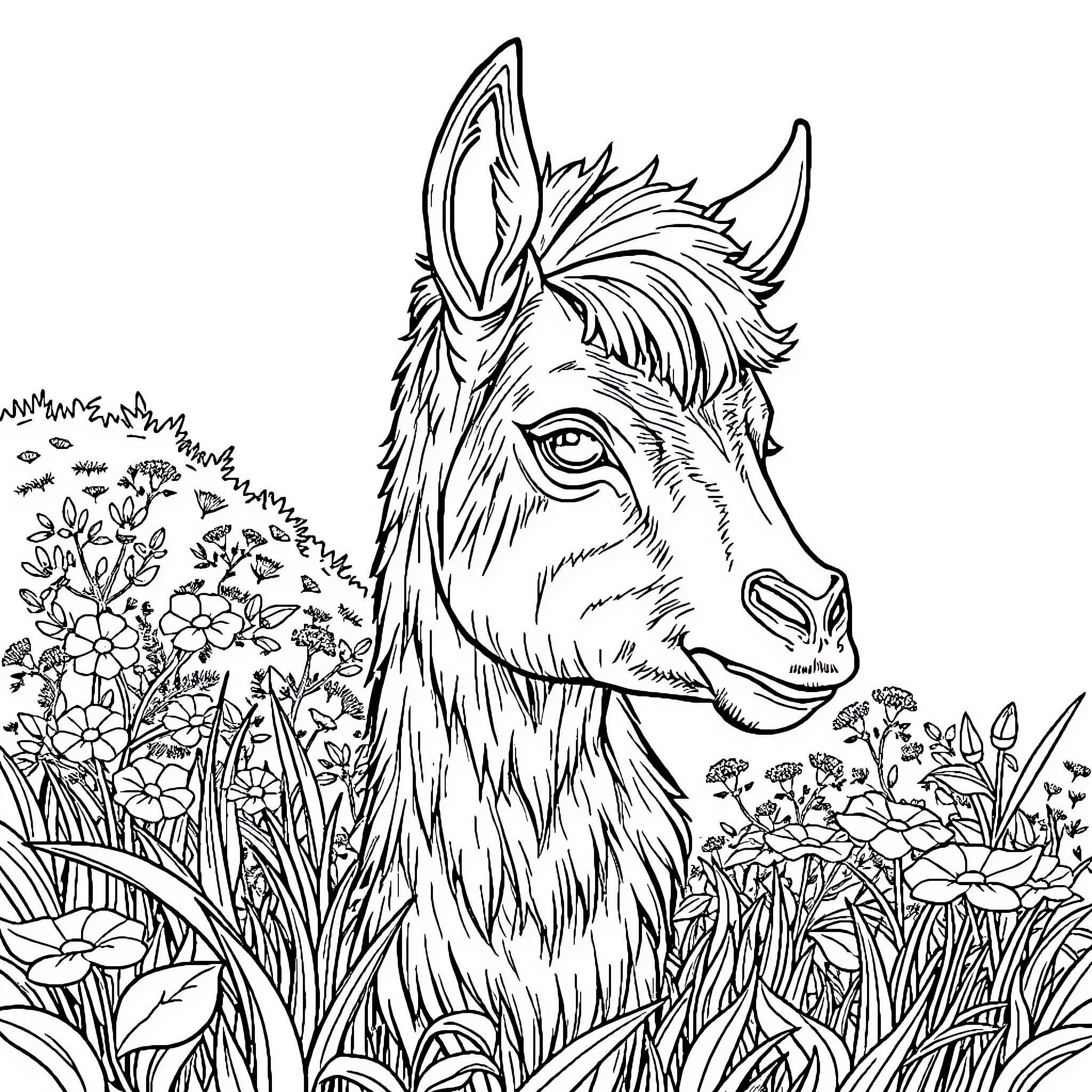 Horse in Vibrant Floral Garden Coloring Page (free black-and-white line drawing printable PDF for all, from beginners to advanced learners, including children, teens, adults, and seniors)