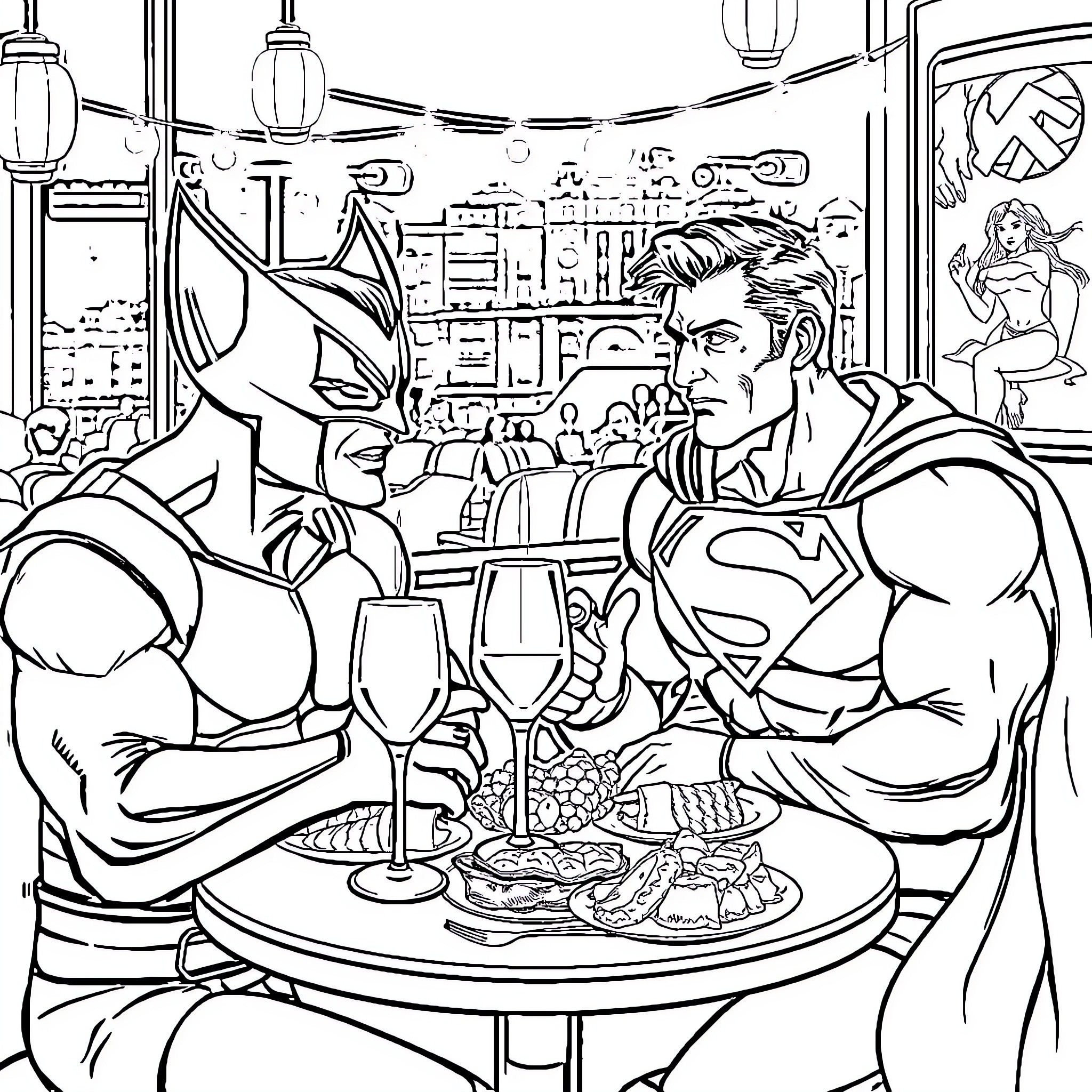 Wolverine and Superman Enjoying a Meal Together Coloring Page (free black-and-white line drawing printable PDF for all, from beginners to advanced learners, including children, teens, adults, and seniors)