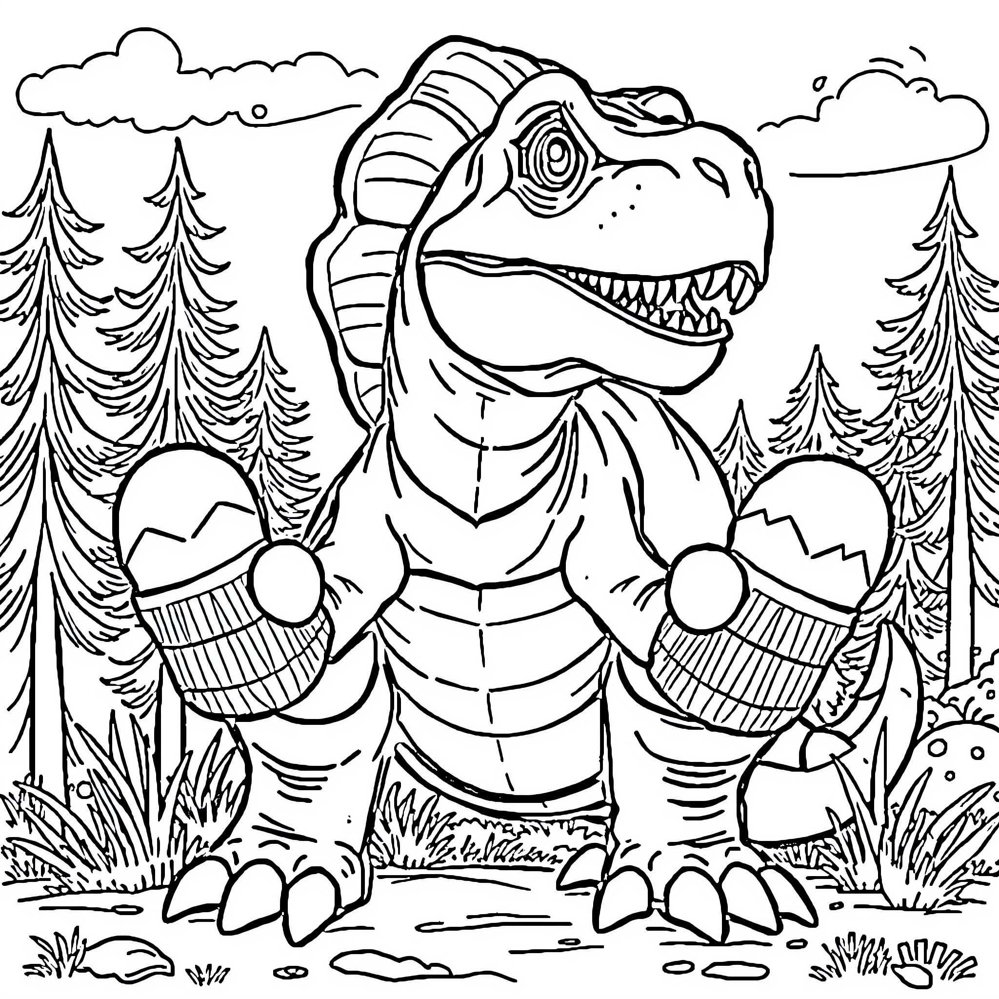 Dinosaur in winter gear exploring the forest Coloring Page (free black-and-white line drawing printable PDF for all, from beginners to advanced learners, including children, teens, adults, and seniors)