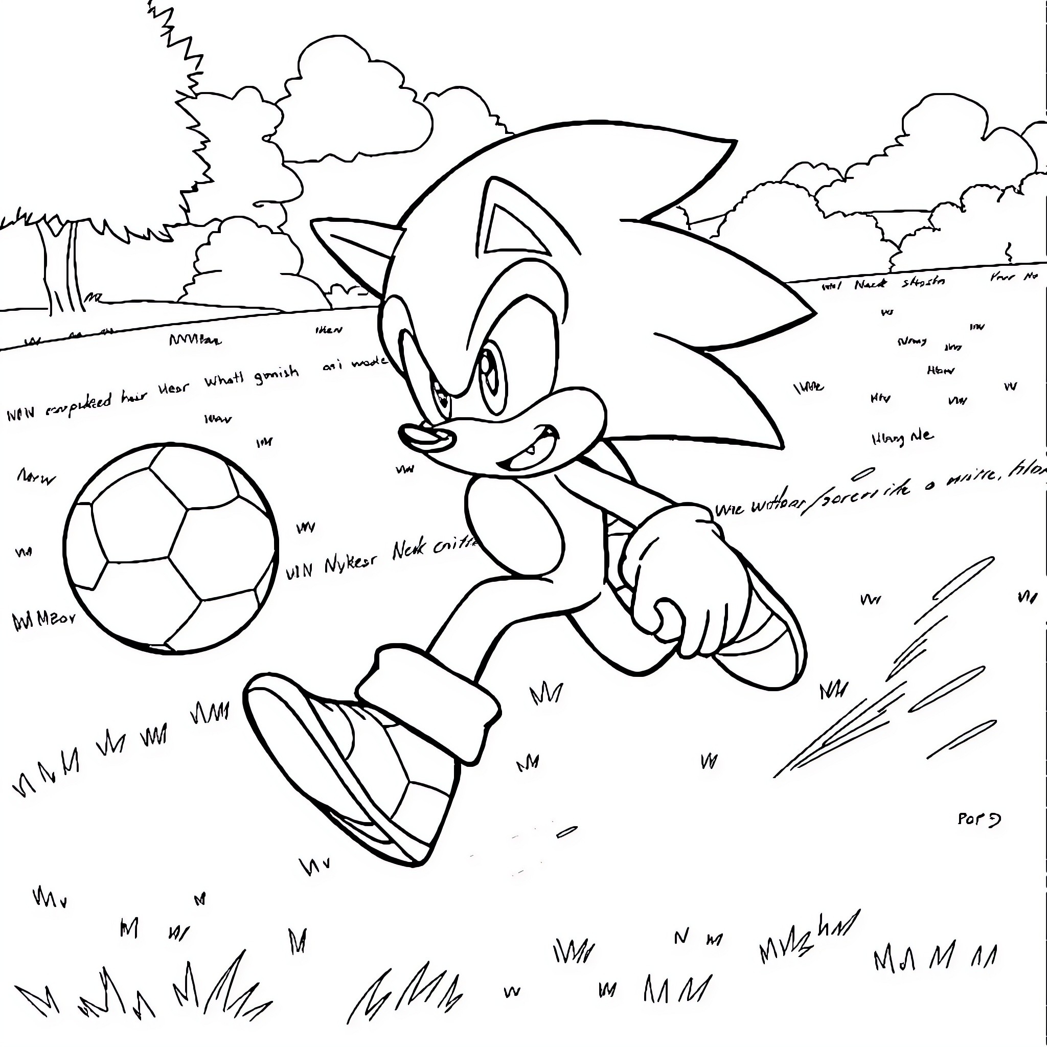 Sonic playing with a soccer ball in the park Coloring Page (free black-and-white line drawing printable PDF for all, from beginners to advanced learners, including children, teens, adults, and seniors)