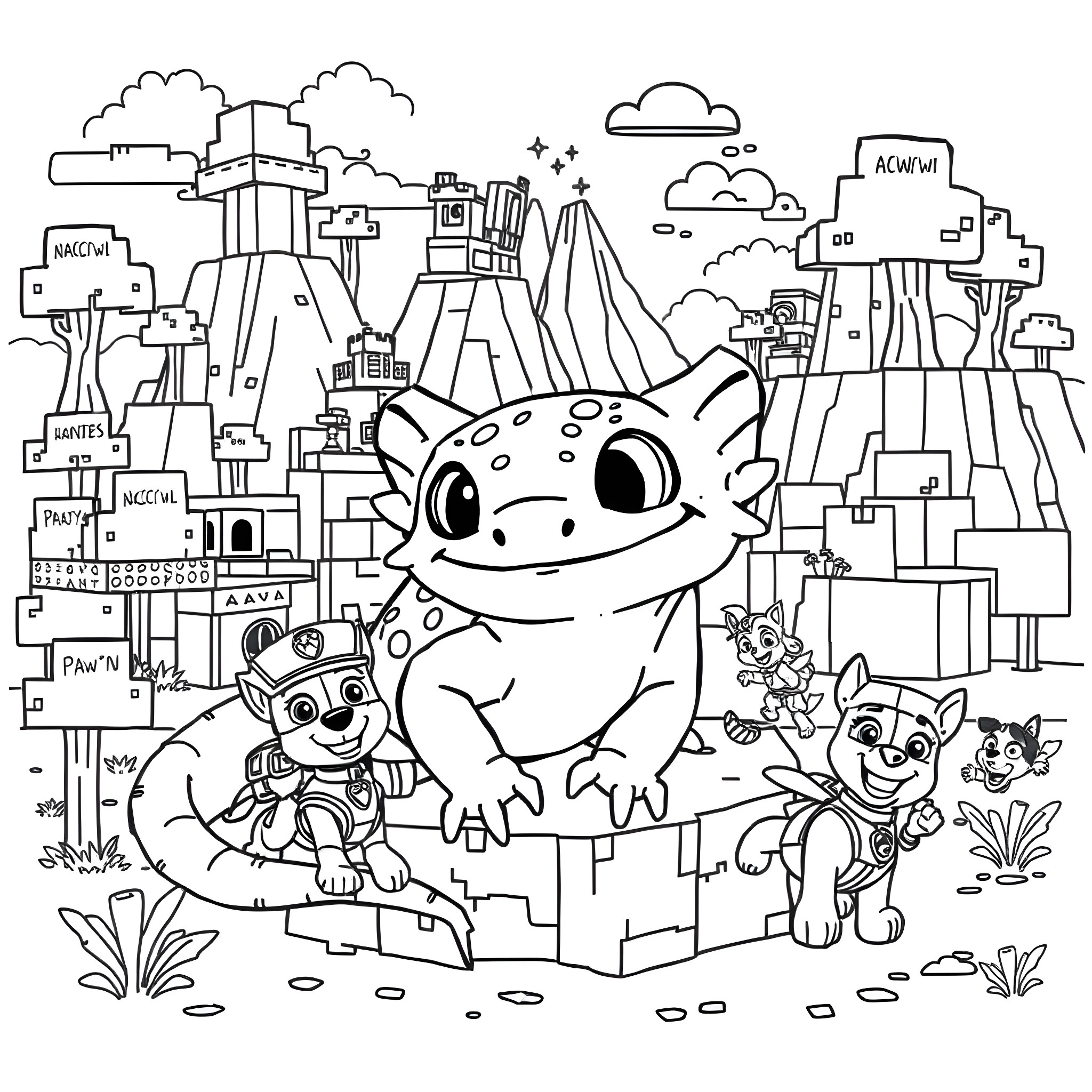 Axolotl and friends explore the whimsical cityscape Coloring Page (free black-and-white line drawing printable PDF for all, from beginners to advanced learners, including children, teens, adults, and seniors)