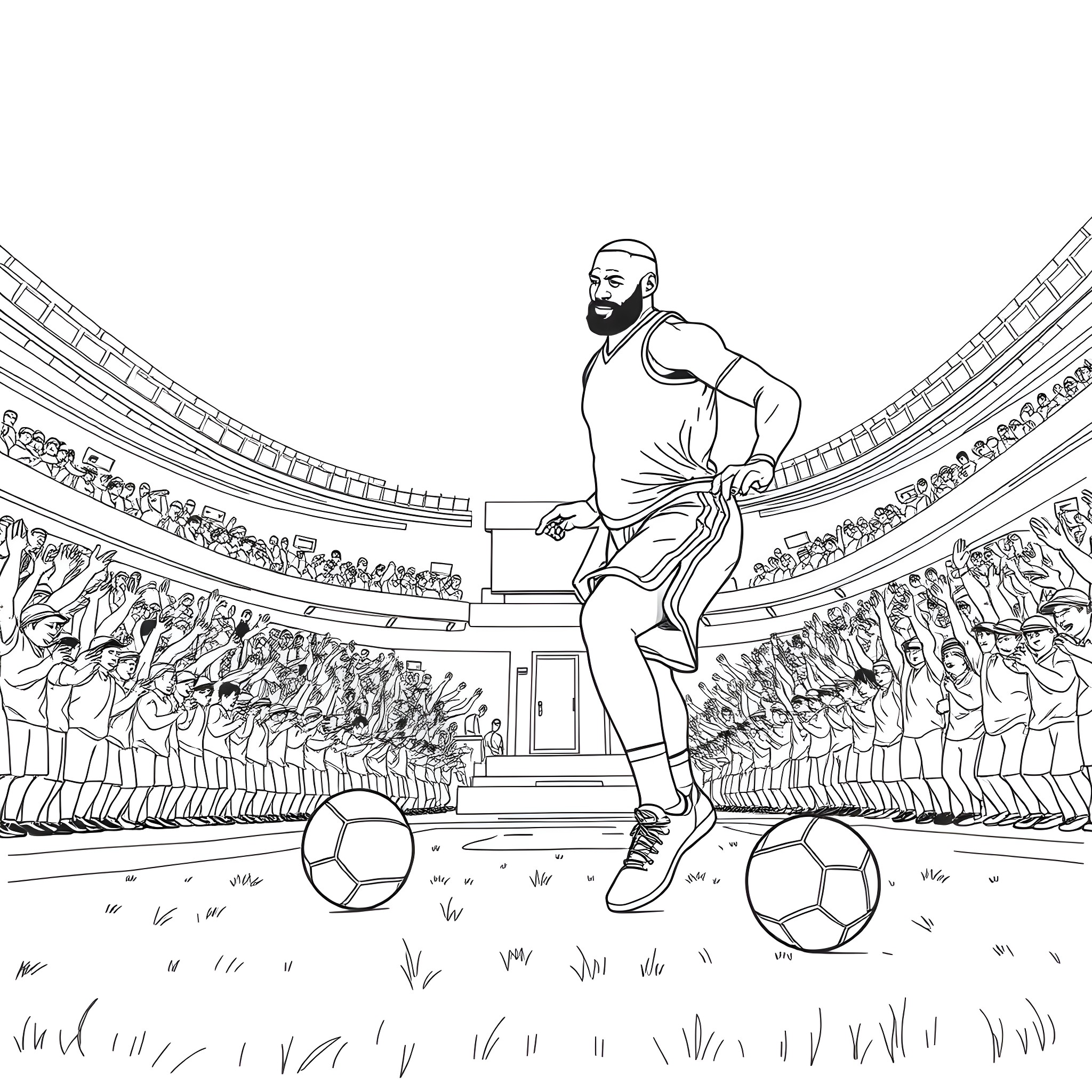 LeBron James plays soccer in a crowded stadium Coloring Page (free black-and-white line drawing printable PDF for all, from beginners to advanced learners, including children, teens, adults, and seniors)