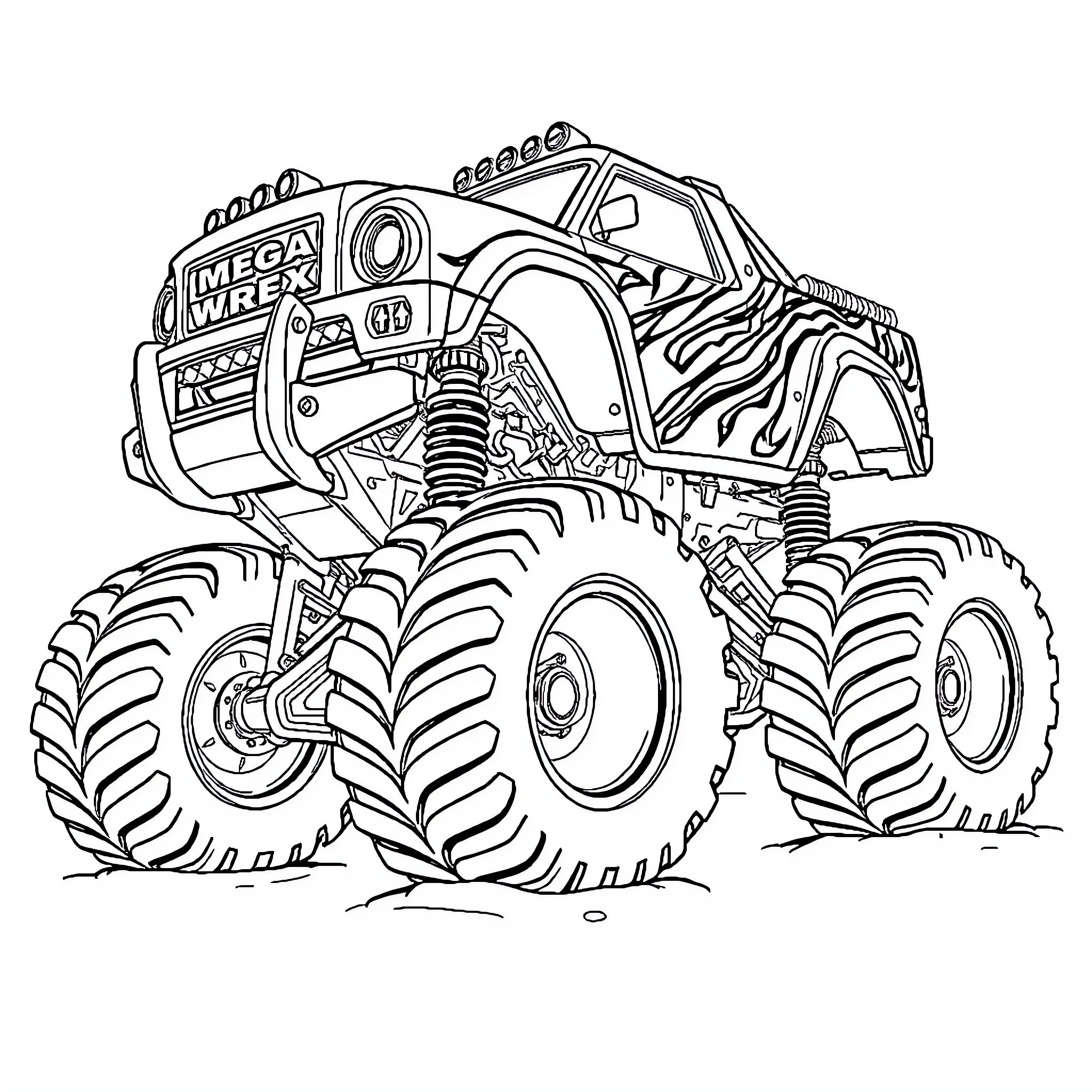 Monster Truck Performing Impressive Stunts Coloring Page (free black-and-white line drawing printable PDF for all, from beginners to advanced learners, including children, teens, adults, and seniors)