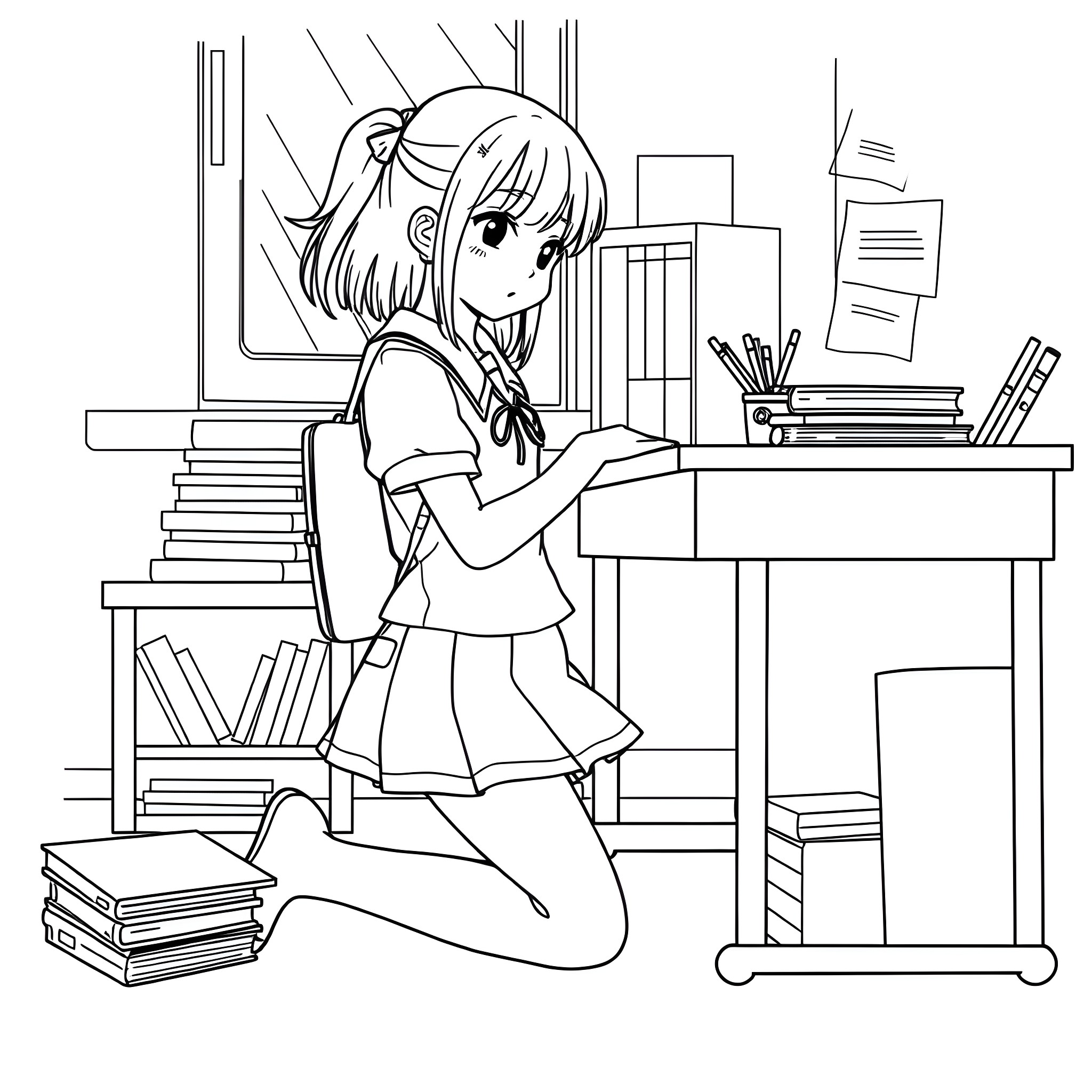 School Girl Studying Diligently at Her Desk Coloring Page (free black-and-white line drawing printable PDF for all, from beginners to advanced learners, including children, teens, adults, and seniors)