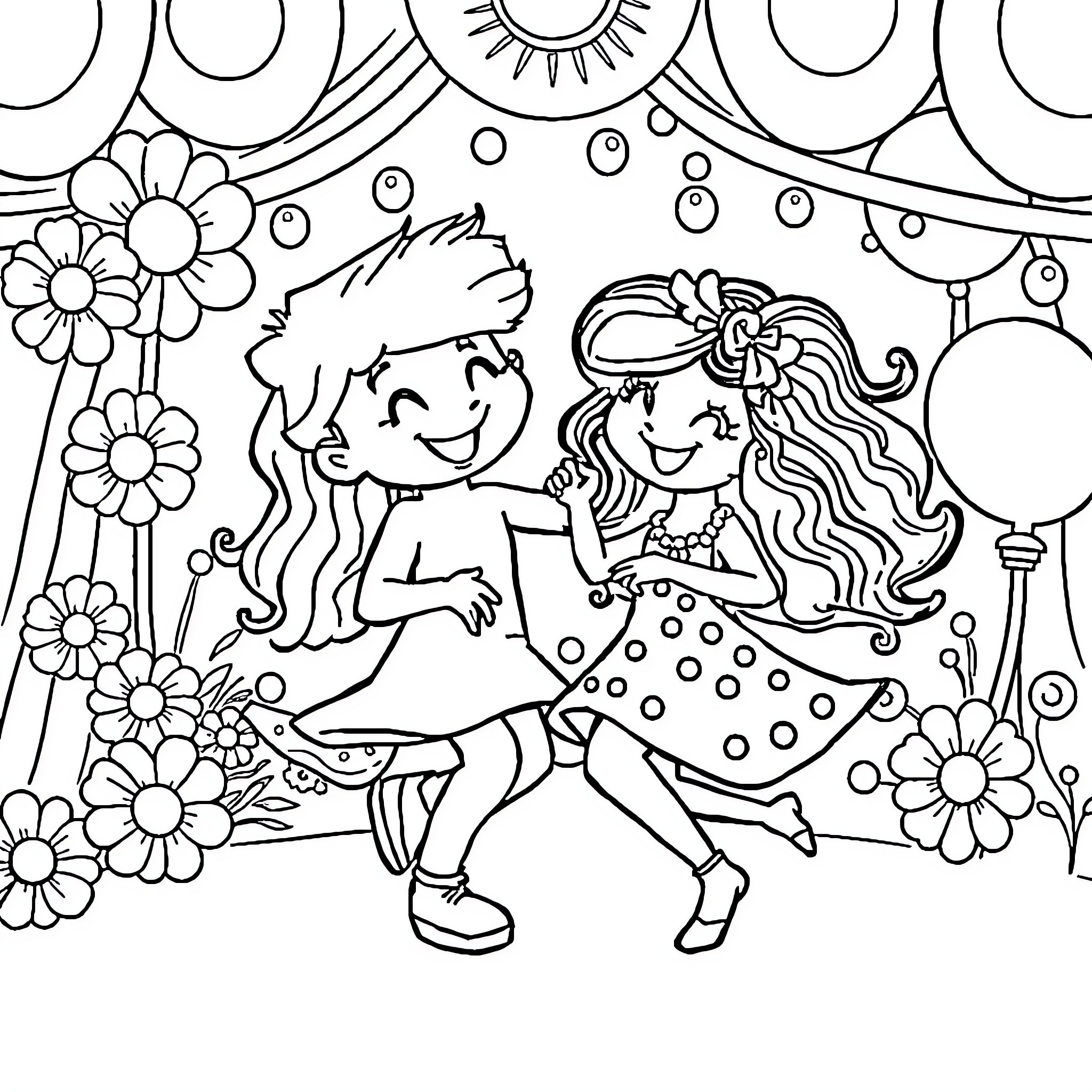 Bfdi Character Playing Joyfully in Floral Scene Coloring Page (free black-and-white line drawing printable PDF for all, from beginners to advanced learners, including children, teens, adults, and seniors)