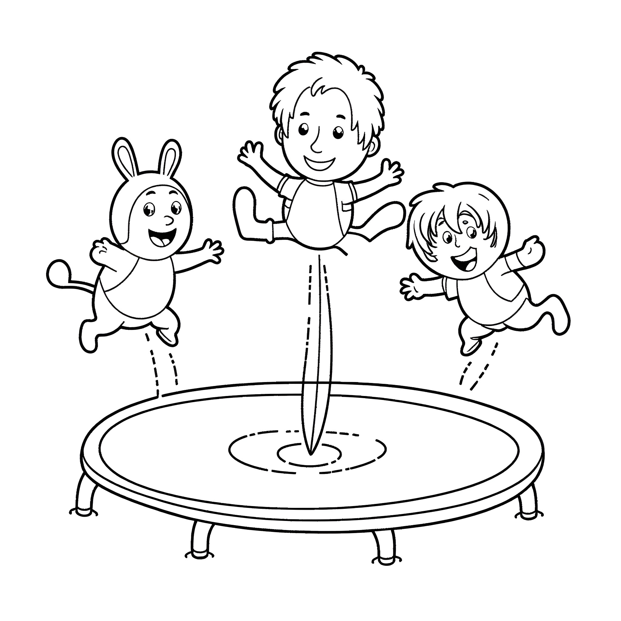 Yo Gabba Gabba characters jumping on trampoline Coloring Page (free black-and-white line drawing printable PDF for all, from beginners to advanced learners, including children, teens, adults, and seniors)