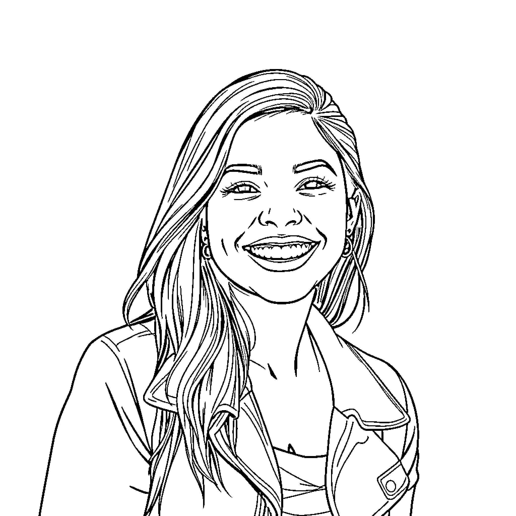Jenna Ortega's bright and joyful expression Coloring Page (free black-and-white line drawing printable PDF for all, from beginners to advanced learners, including children, teens, adults, and seniors)