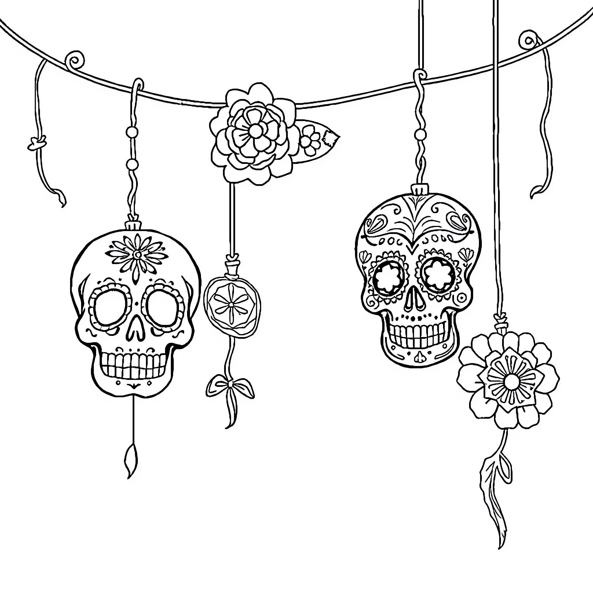 Papel Picado - Decorative Skulls and Flowers Coloring Page (free black-and-white line drawing printable PDF for all, from beginners to advanced learners, including children, teens, adults, and seniors)