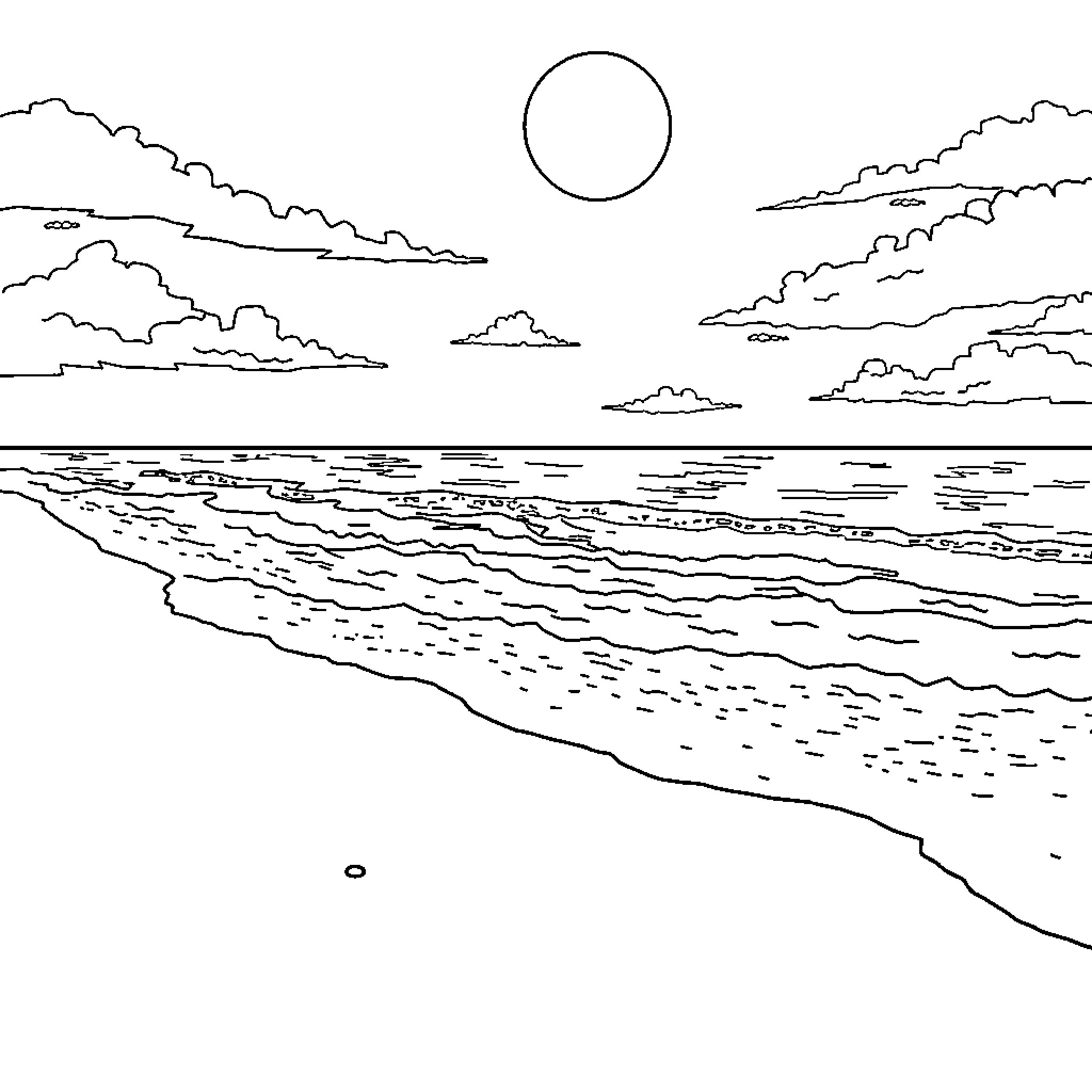 Beach scene with dramatic sky and waves Coloring Page (free black-and-white line drawing printable PDF for all, from beginners to advanced learners, including children, teens, adults, and seniors)