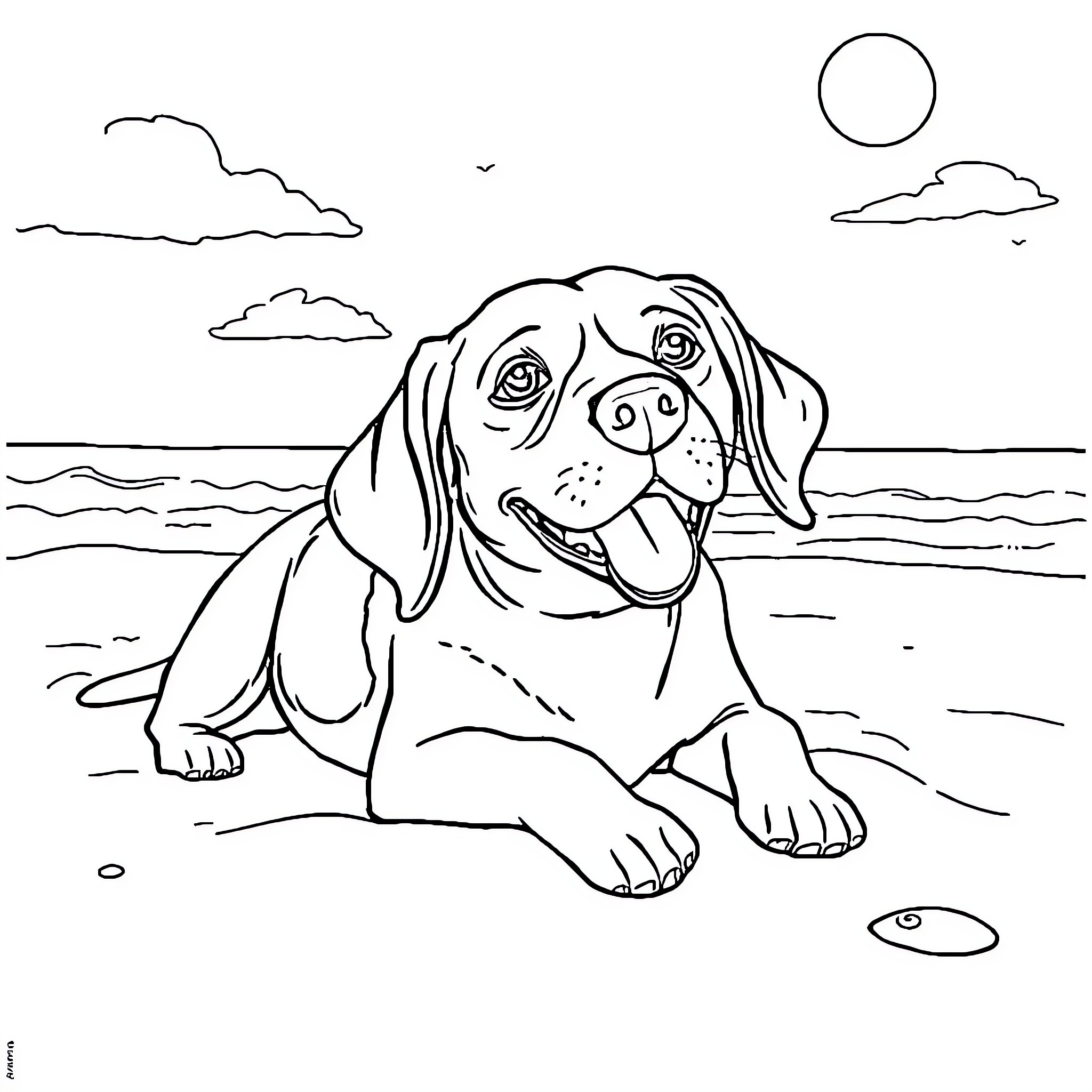 Beagle relaxing on the beach Coloring Page (free black-and-white line drawing printable PDF for all, from beginners to advanced learners, including children, teens, adults, and seniors)