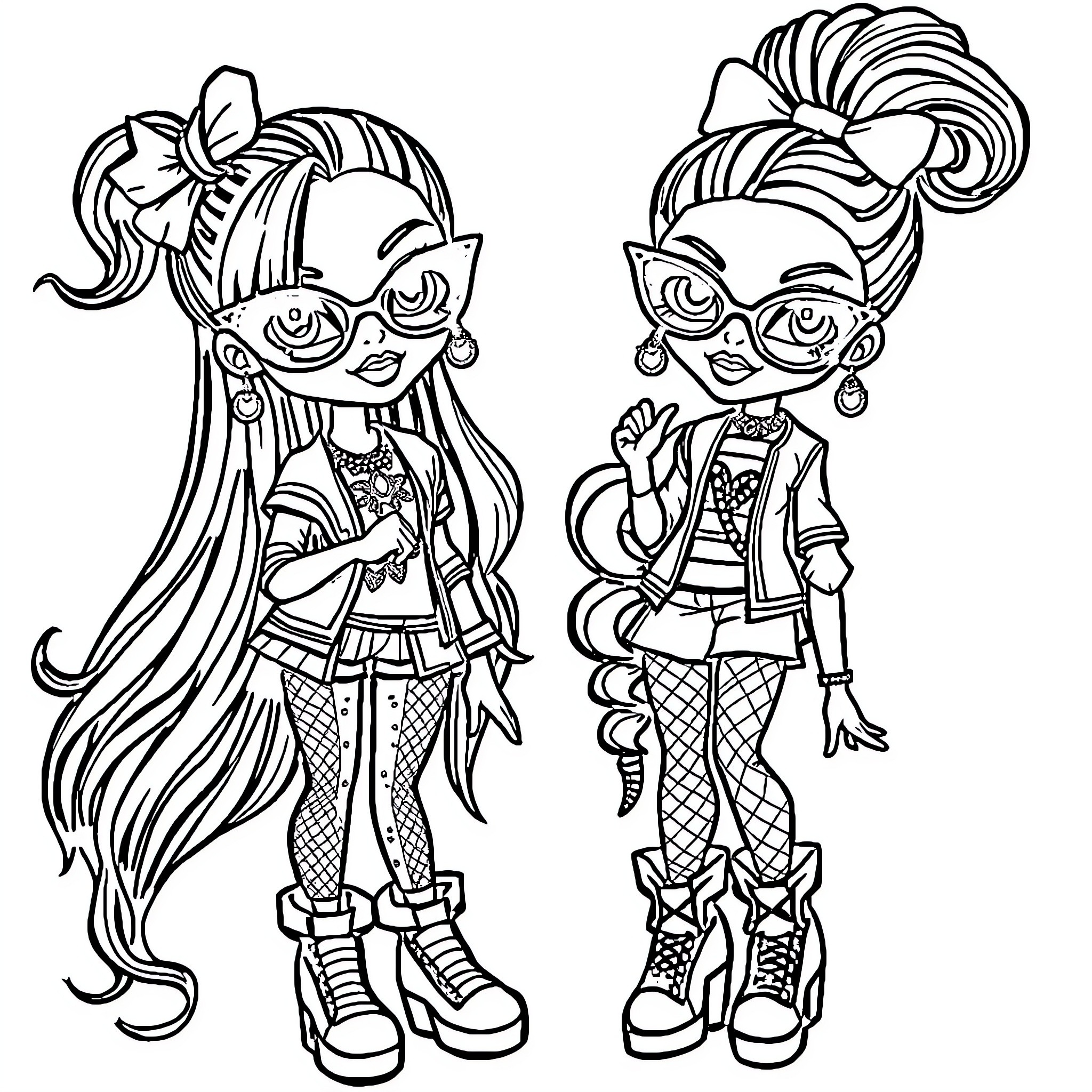 Bratz dolls posing in stylish outfits Coloring Page (free black-and-white line drawing printable PDF for all, from beginners to advanced learners, including children, teens, adults, and seniors)