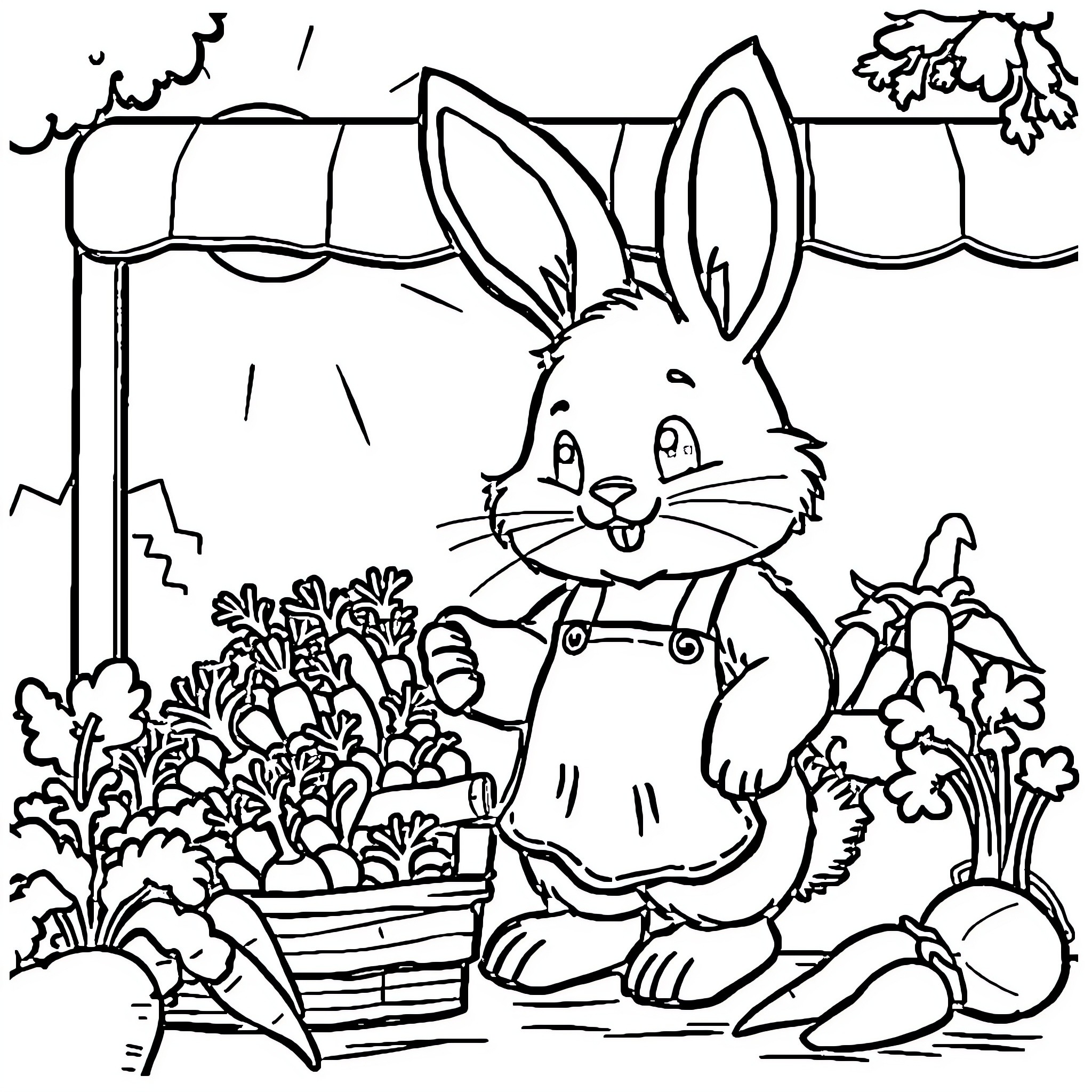 Bunny enjoying a garden scene Coloring Page (free black-and-white line drawing printable PDF for all, from beginners to advanced learners, including children, teens, adults, and seniors)