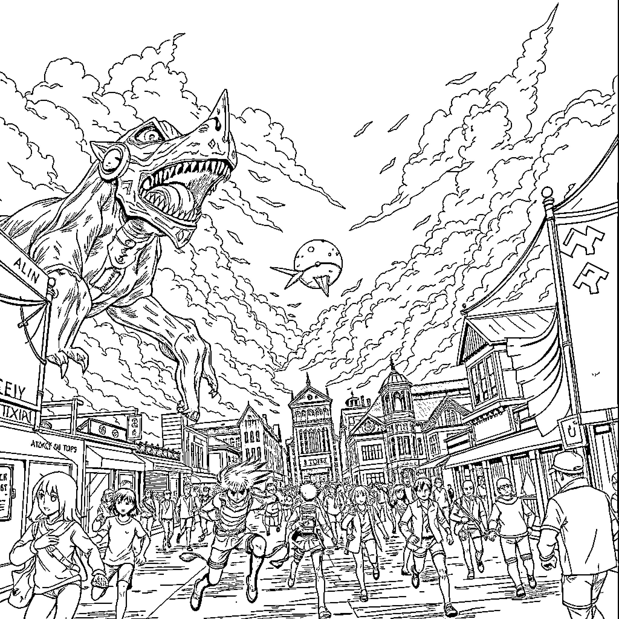 Titan unleashing chaos in bustling city street Coloring Page (free black-and-white line drawing printable PDF for all, from beginners to advanced learners, including children, teens, adults, and seniors)
