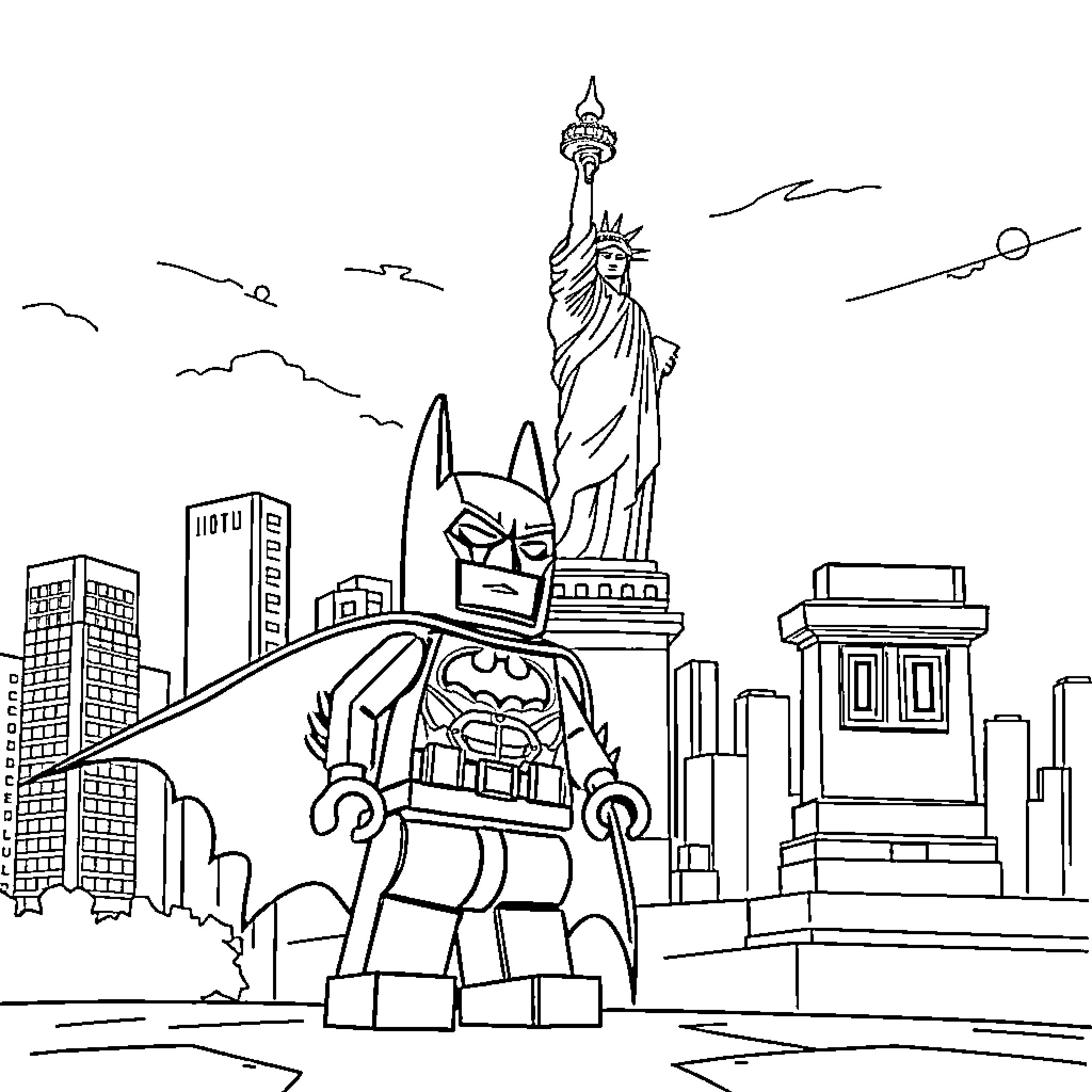 Lego Batman visits the Statue of Liberty Coloring Page (free black-and-white line drawing printable PDF for all, from beginners to advanced learners, including children, teens, adults, and seniors)