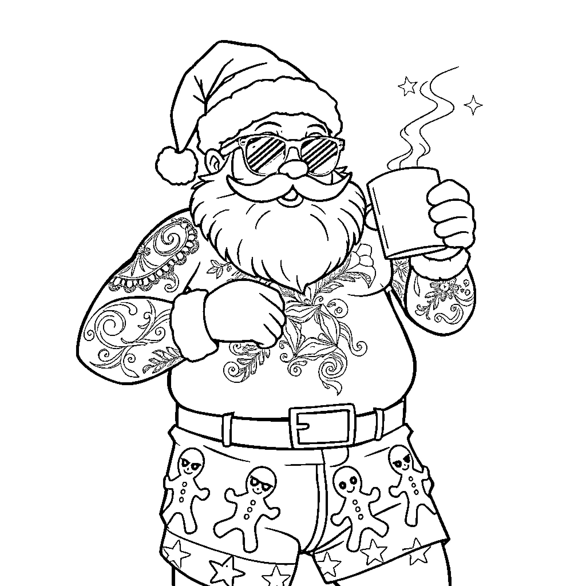 Santa Claus Enjoying a Hot Beverage with Festive Attire Coloring Page (free black-and-white line drawing printable PDF for all, from beginners to advanced learners, including children, teens, adults, and seniors)