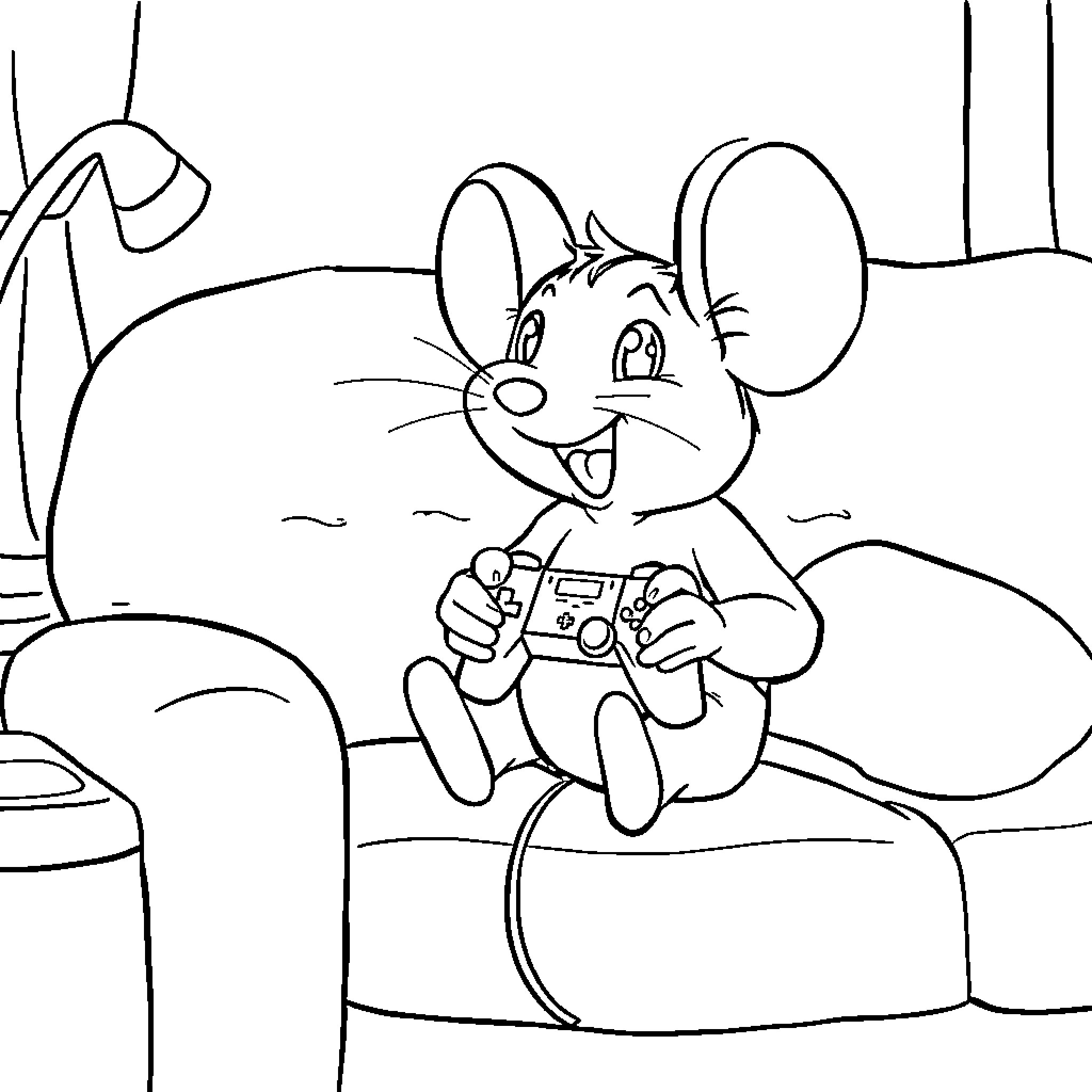 Mouse playing video game on couch Coloring Page (free black-and-white line drawing printable PDF for all, from beginners to advanced learners, including children, teens, adults, and seniors)