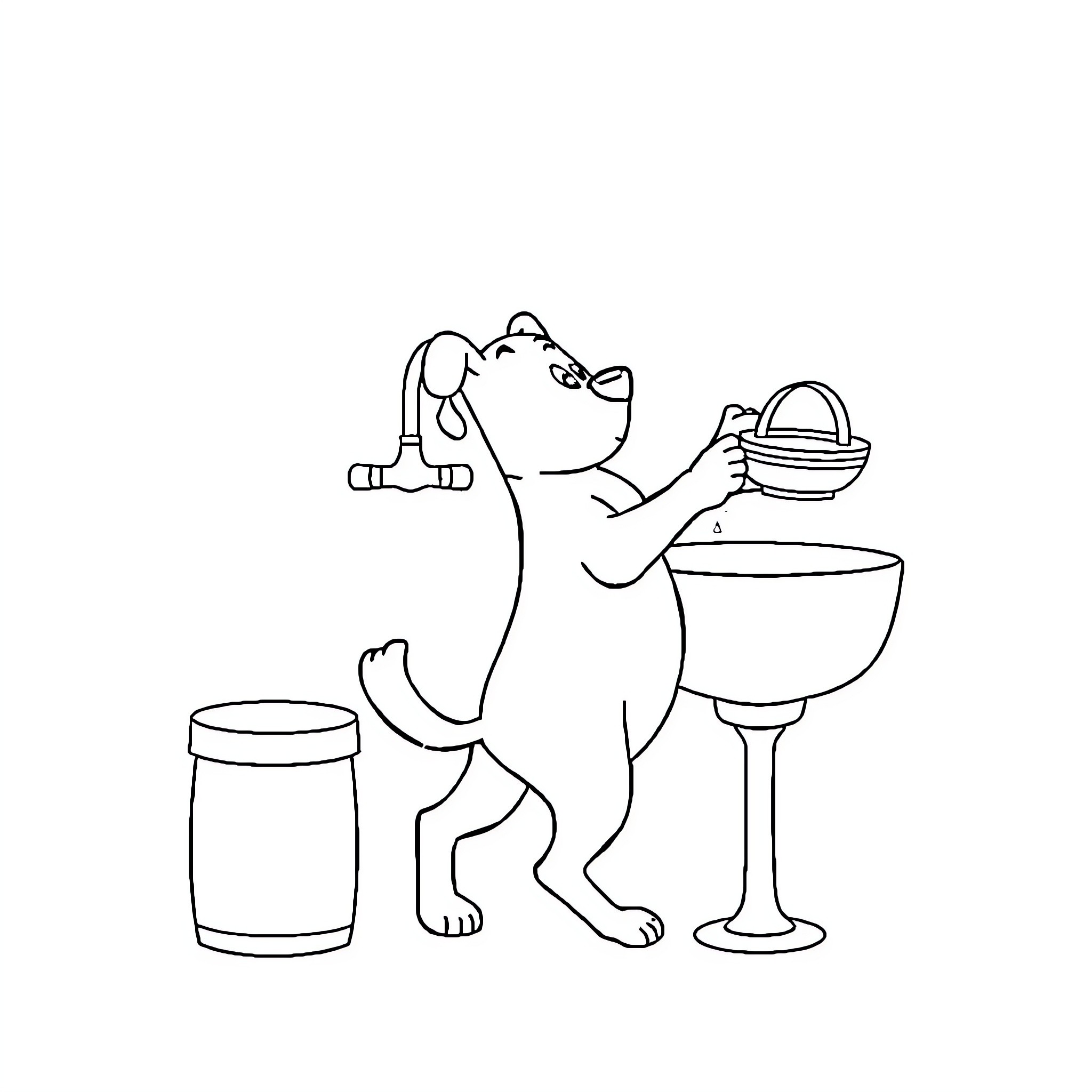 Dog mixing ingredients in the kitchen Coloring Page (free black-and-white line drawing printable PDF for all, from beginners to advanced learners, including children, teens, adults, and seniors)