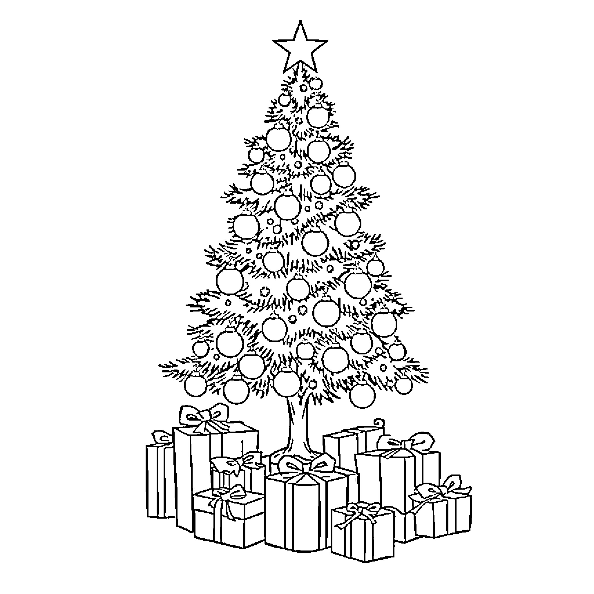 Christmas Tree with Decorated Gifts Coloring Page (free black-and-white line drawing printable PDF for all, from beginners to advanced learners, including children, teens, adults, and seniors)
