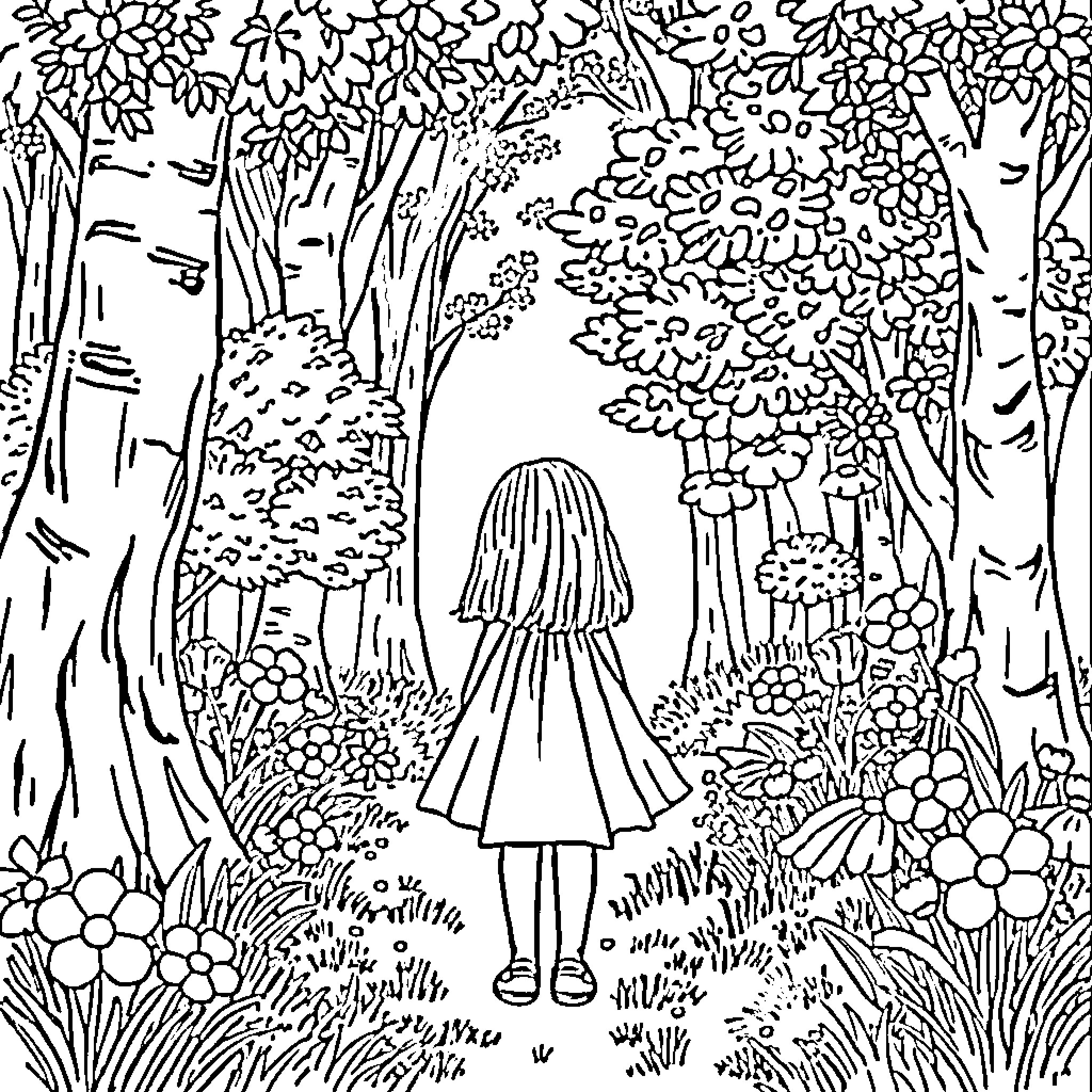 Girl exploring the enchanting floral forest Coloring Page (free black-and-white line drawing printable PDF for all, from beginners to advanced learners, including children, teens, adults, and seniors)