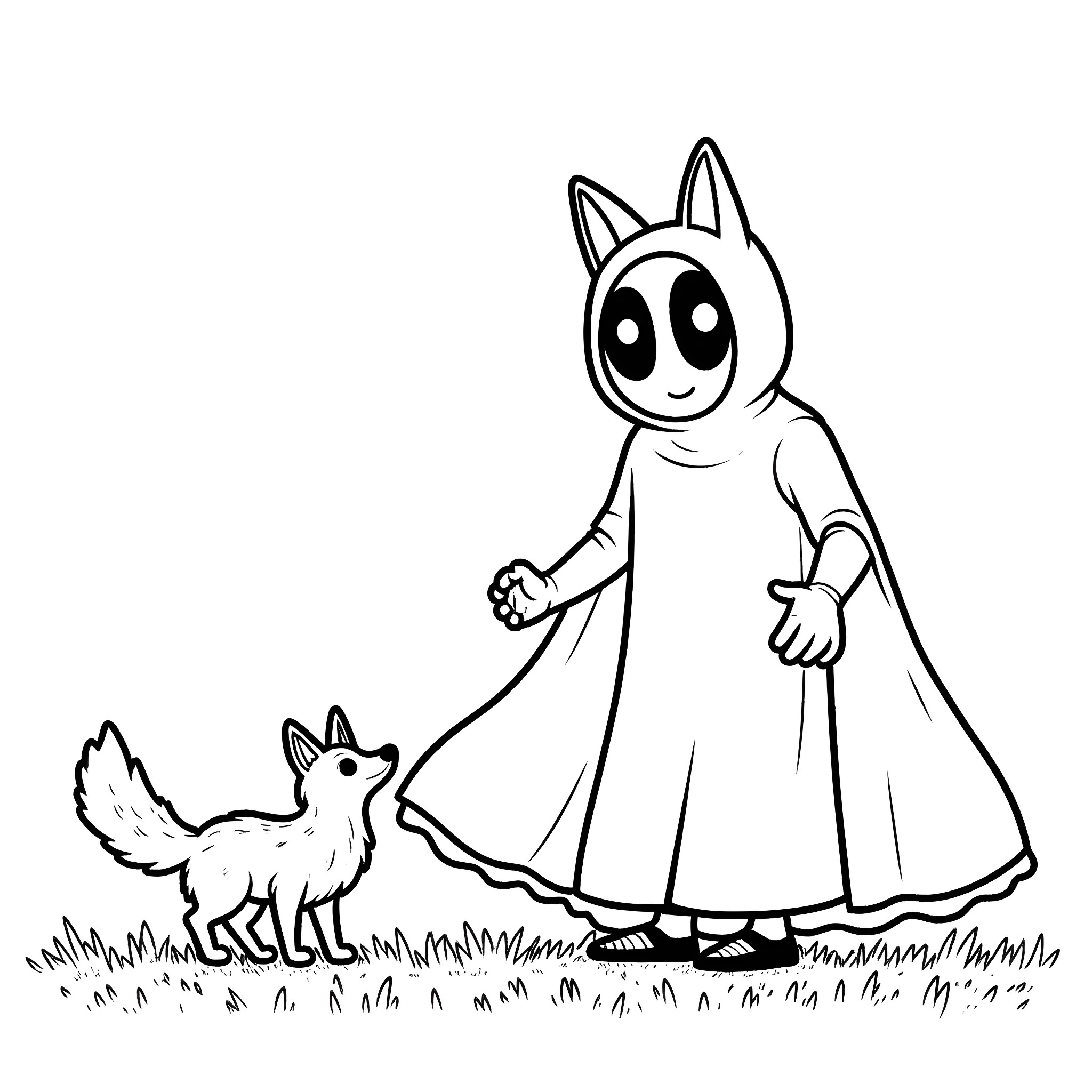 Ghostface character in whimsical scene with small animal Coloring Page (free black-and-white line drawing printable PDF for all, from beginners to advanced learners, including children, teens, adults, and seniors)