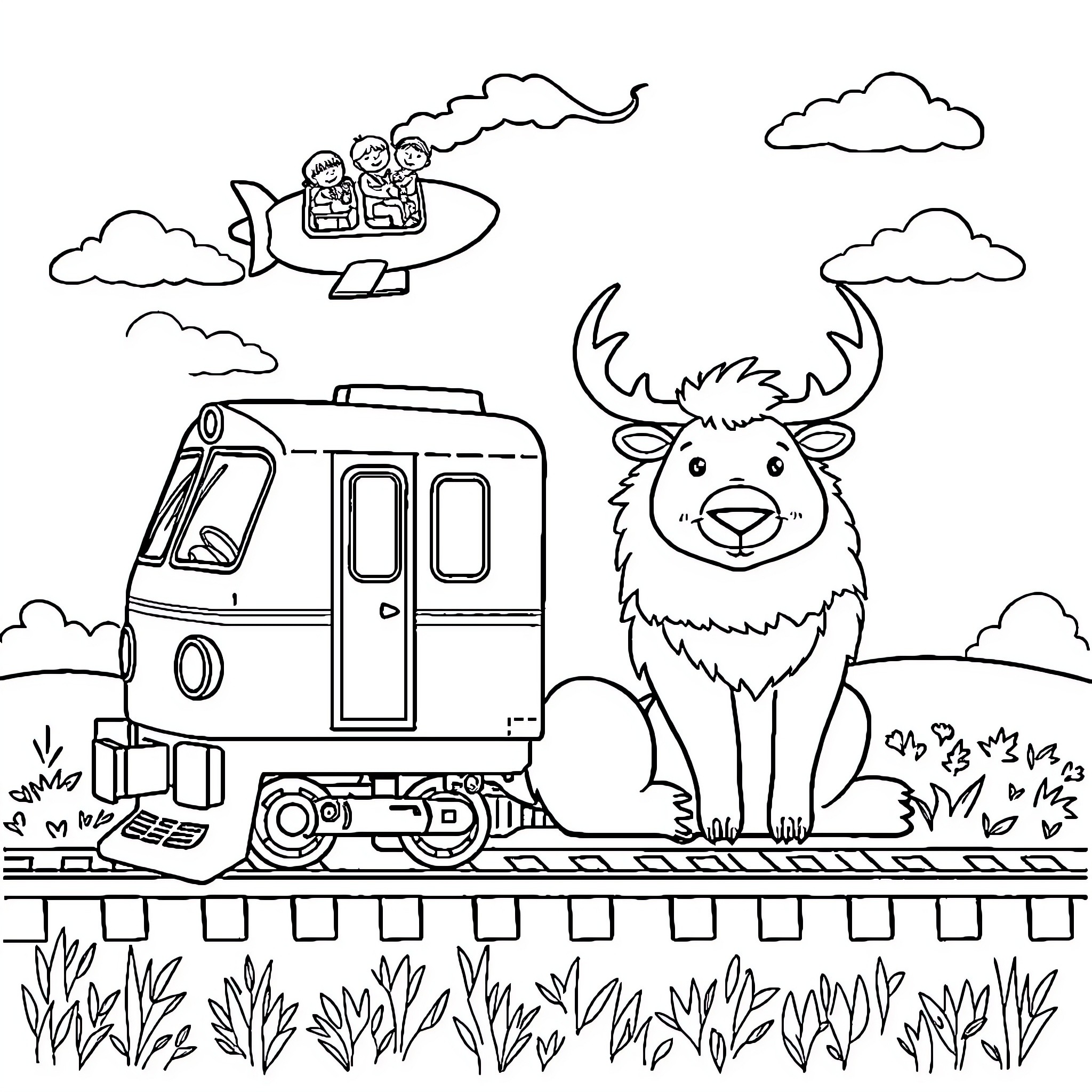Zug adventure with friends on the train tracks Coloring Page (free black-and-white line drawing printable PDF for all, from beginners to advanced learners, including children, teens, adults, and seniors)