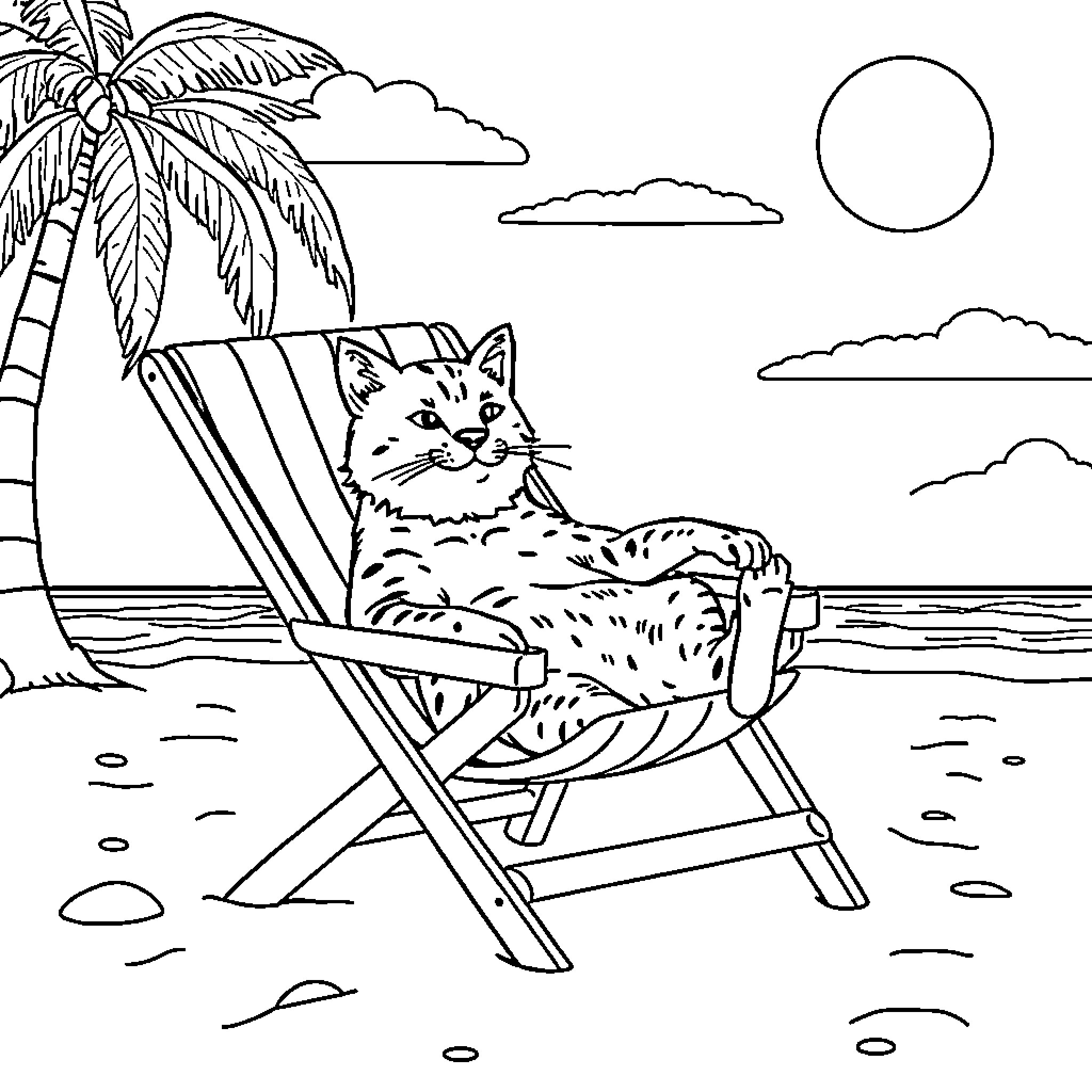 Bearcat relaxing on beach chair under palm tree Coloring Page (free black-and-white line drawing printable PDF for all, from beginners to advanced learners, including children, teens, adults, and seniors)