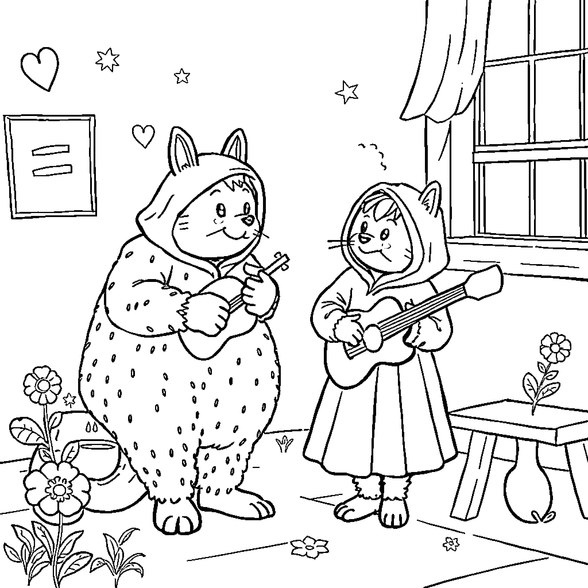 Little Red Riding Hood and the Spotted Creature Playing Music Coloring Page (free black-and-white line drawing printable PDF for all, from beginners to advanced learners, including children, teens, adults, and seniors)