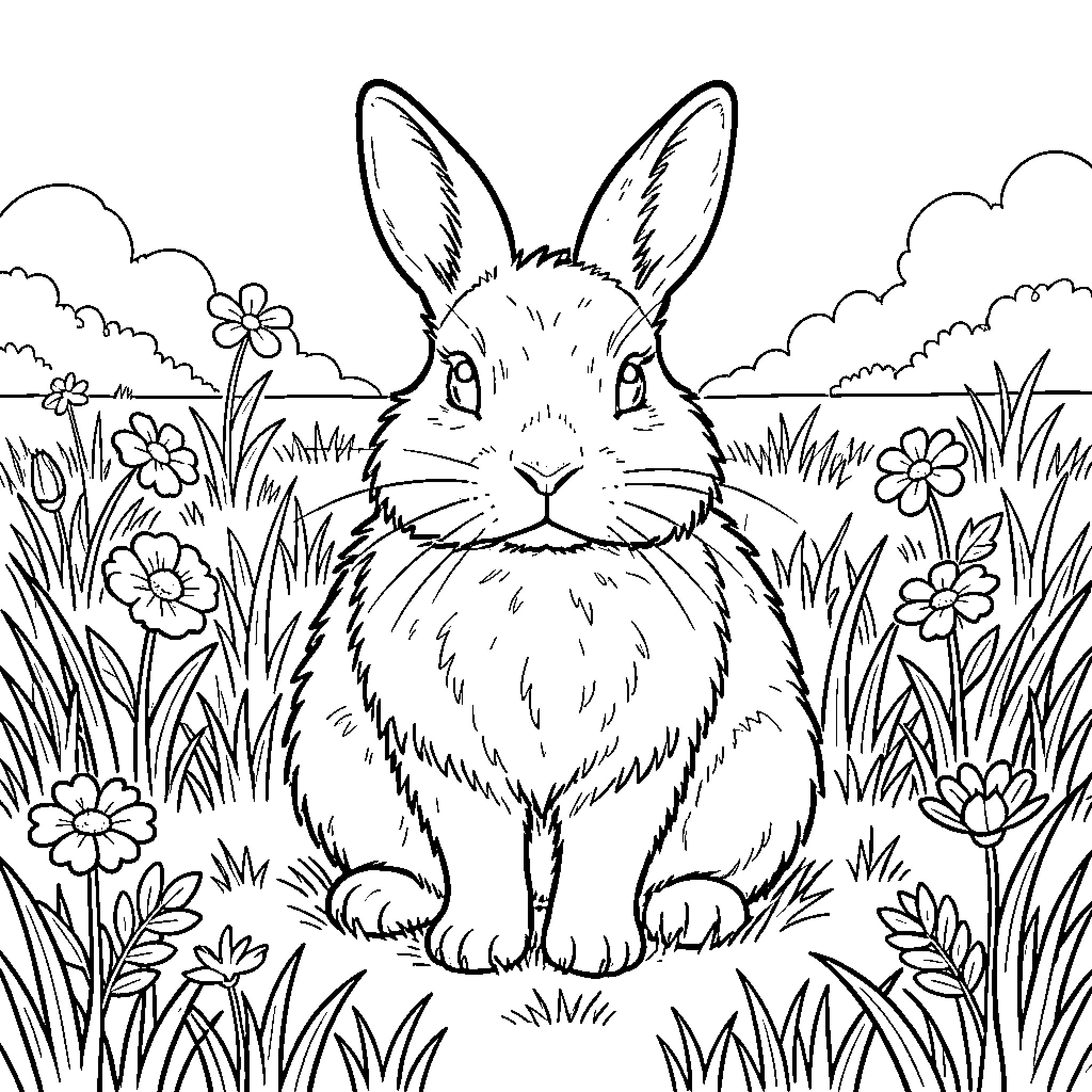 Rabbit relaxing in a floral meadow Coloring Page (free black-and-white line drawing printable PDF for all, from beginners to advanced learners, including children, teens, adults, and seniors)