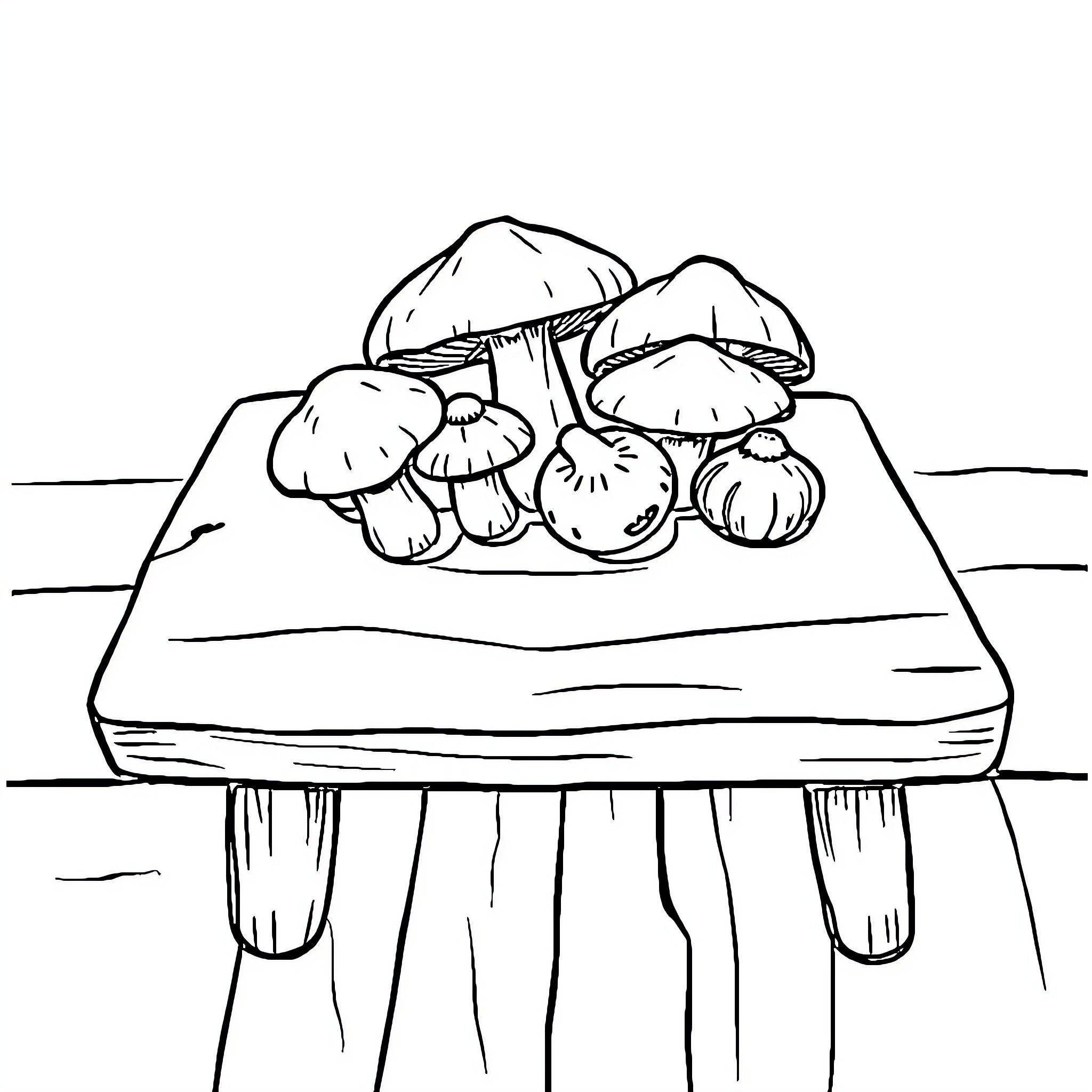 Mushroom cluster on a wooden surface Coloring Page (free black-and-white line drawing printable PDF for all, from beginners to advanced learners, including children, teens, adults, and seniors)