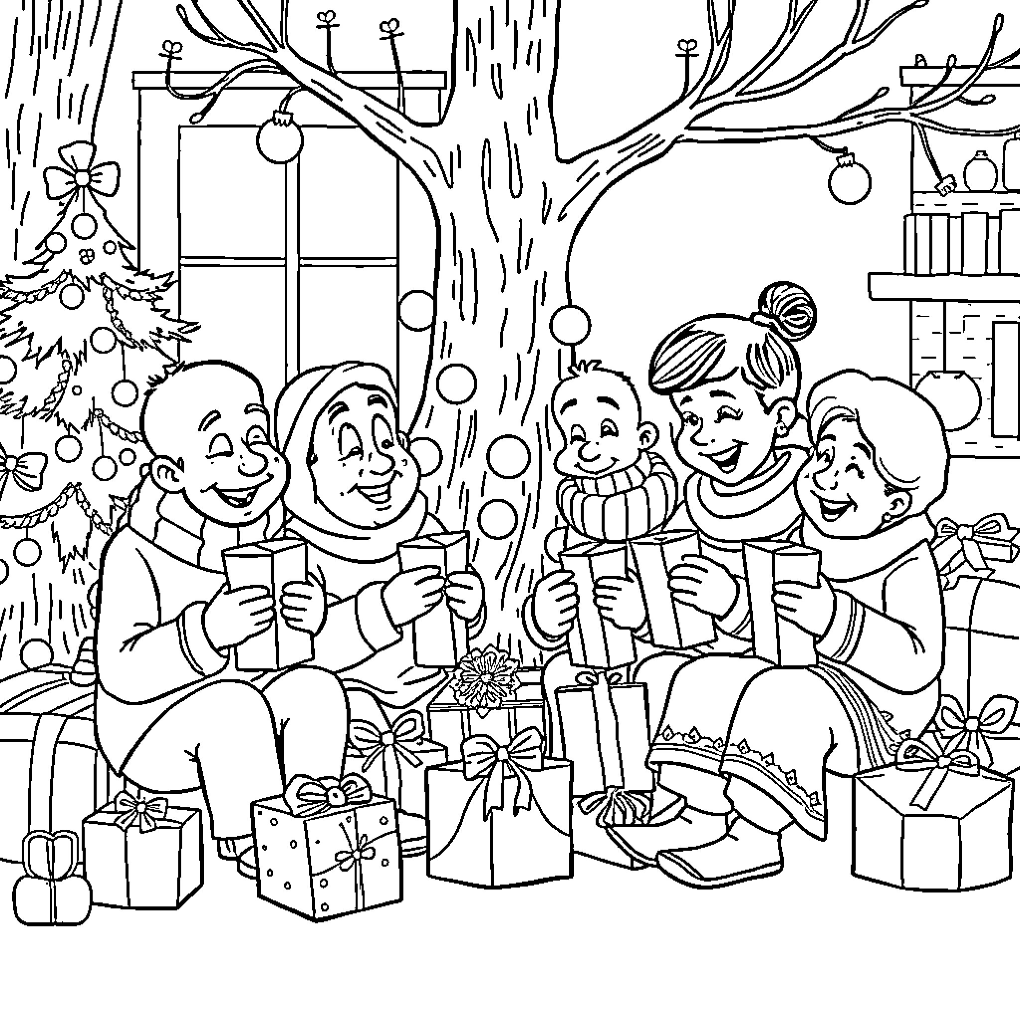 Residents Celebrating Christmas Together Coloring Page (free black-and-white line drawing printable PDF for all, from beginners to advanced learners, including children, teens, adults, and seniors)