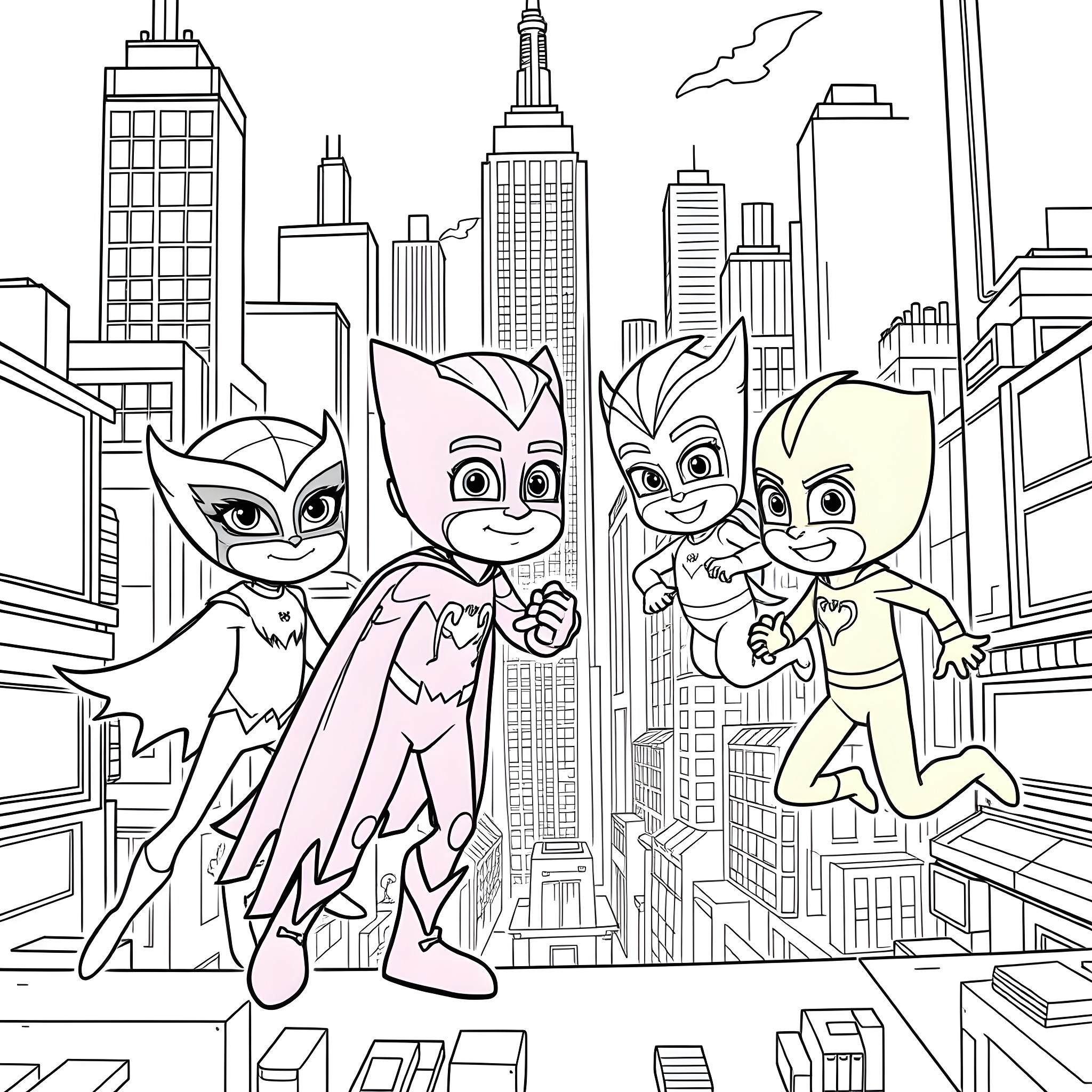 Hero Catlike Characters Exploring the City Coloring Page (free black-and-white line drawing printable PDF for all, from beginners to advanced learners, including children, teens, adults, and seniors)