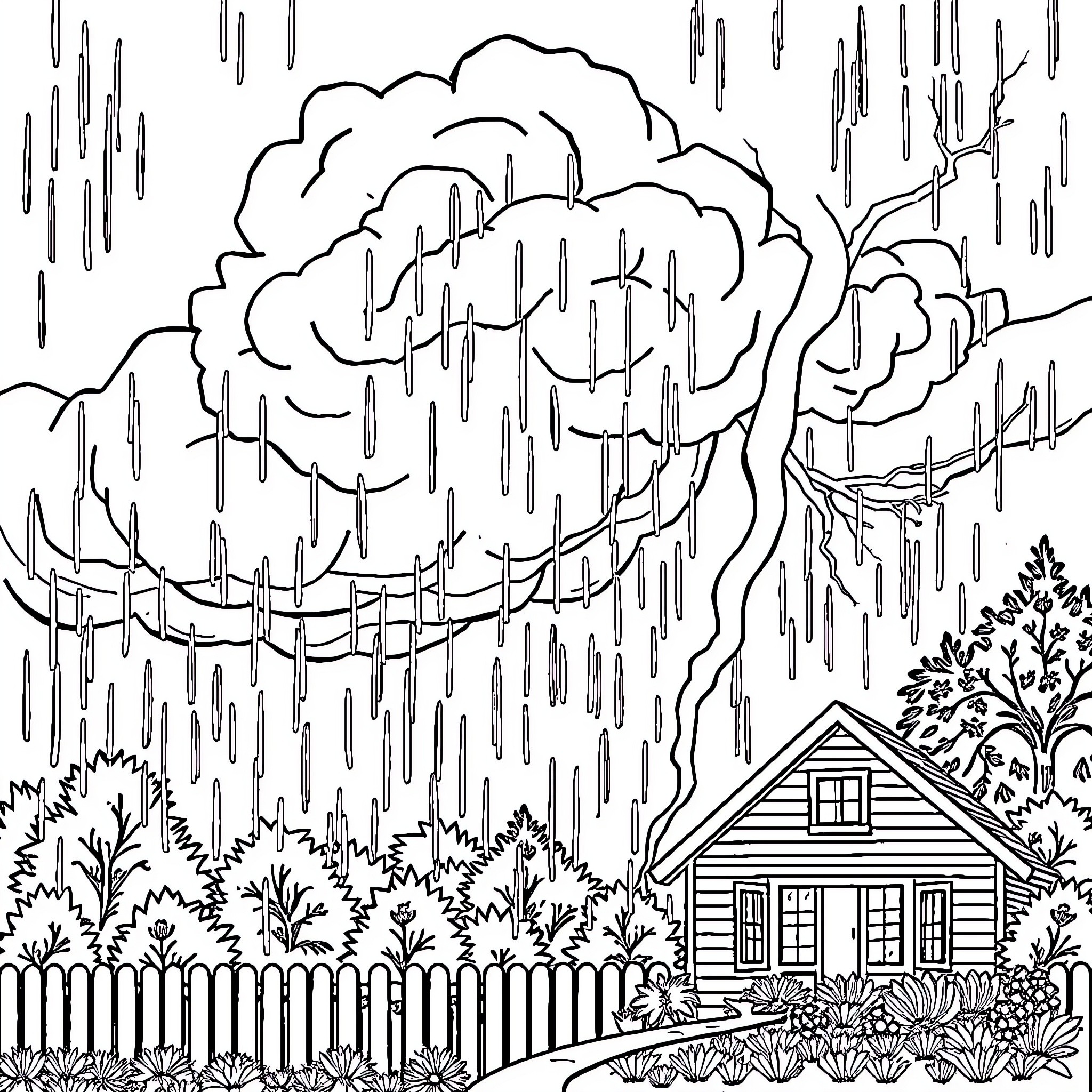 Cloud Storm Over Rural Cabin Landscape Coloring Page (free black-and-white line drawing printable PDF for all, from beginners to advanced learners, including children, teens, adults, and seniors)